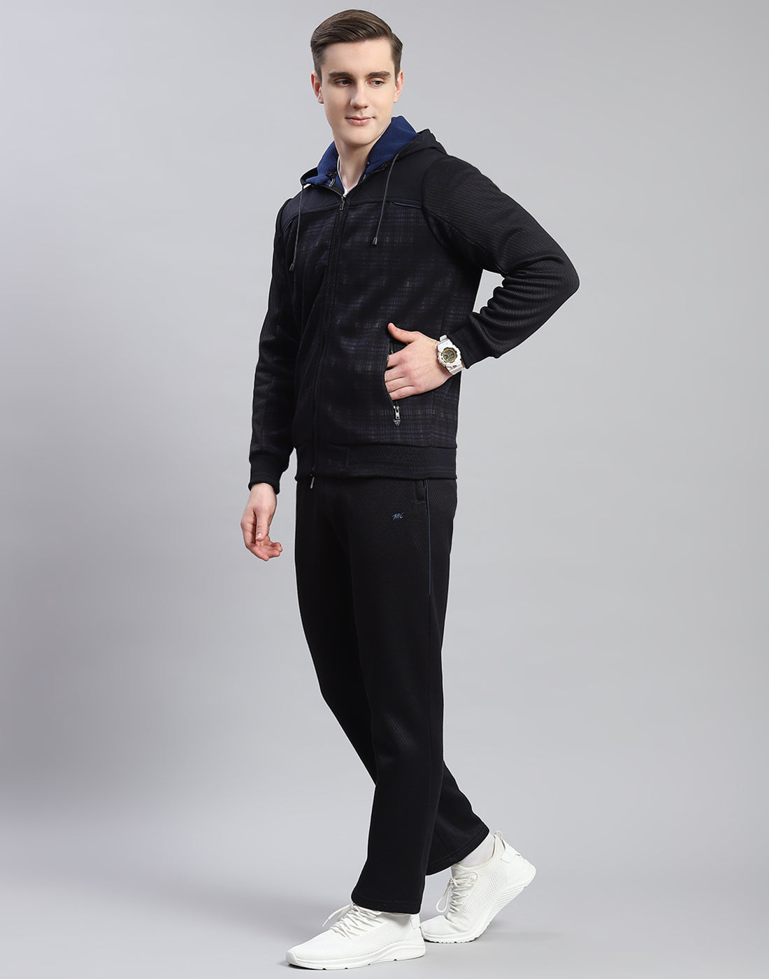 Men Navy Blue Solid Hooded Full Sleeve Tracksuit