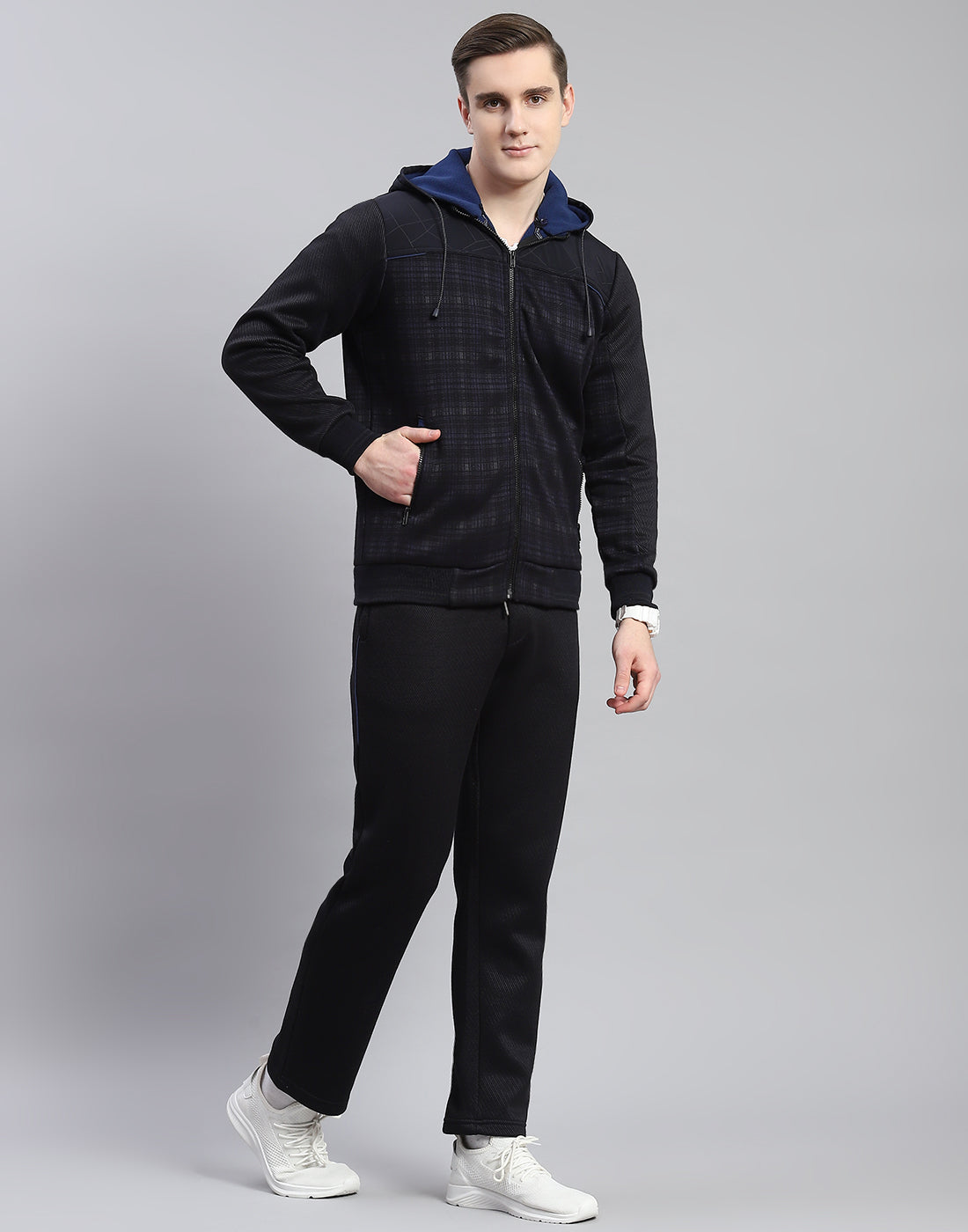 Men Navy Blue Solid Hooded Full Sleeve Tracksuit