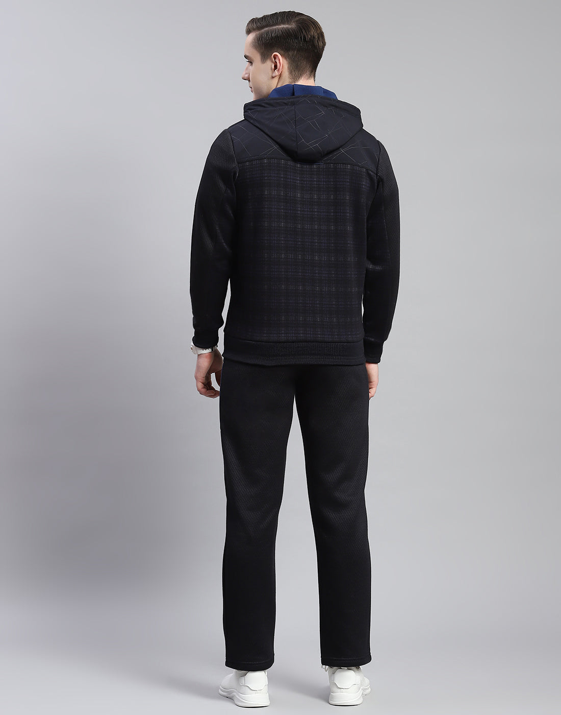 Men Navy Blue Solid Hooded Full Sleeve Tracksuit