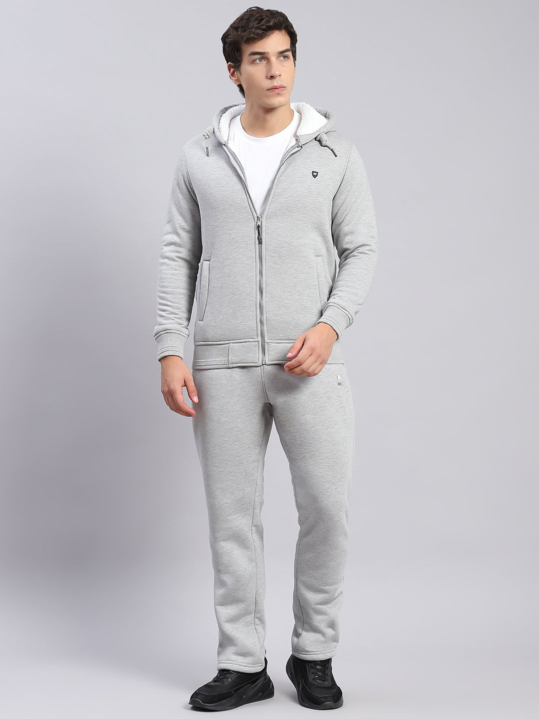 Men Grey Solid Hooded Full Sleeve Tracksuits