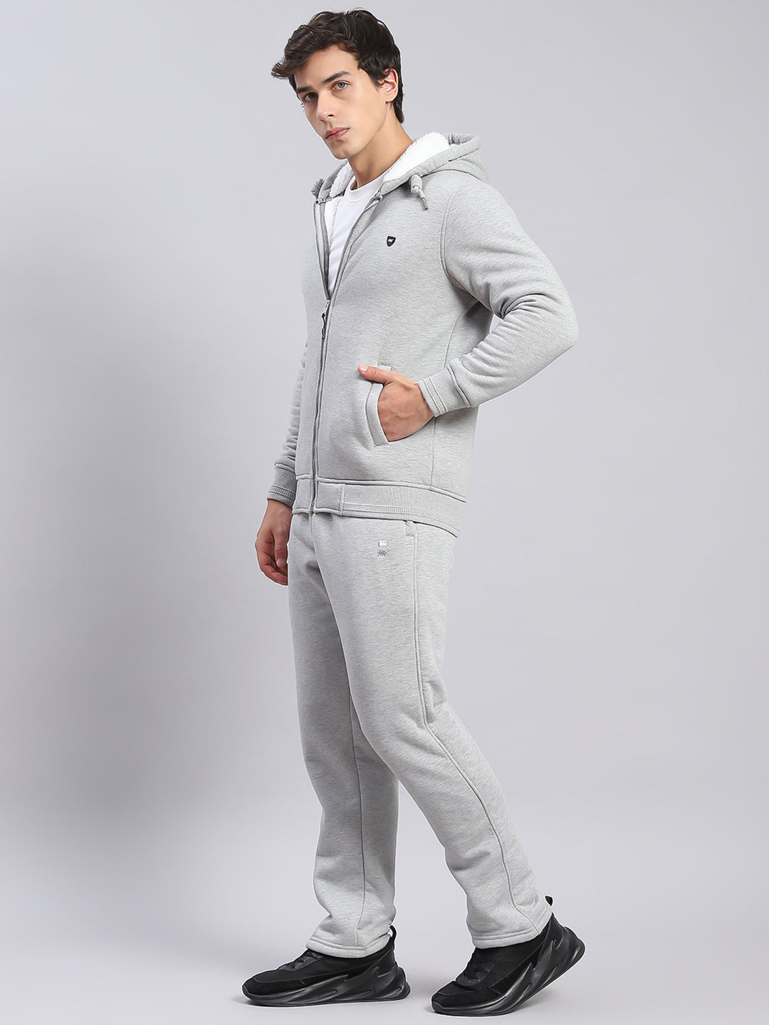 Men Grey Solid Hooded Full Sleeve Tracksuits