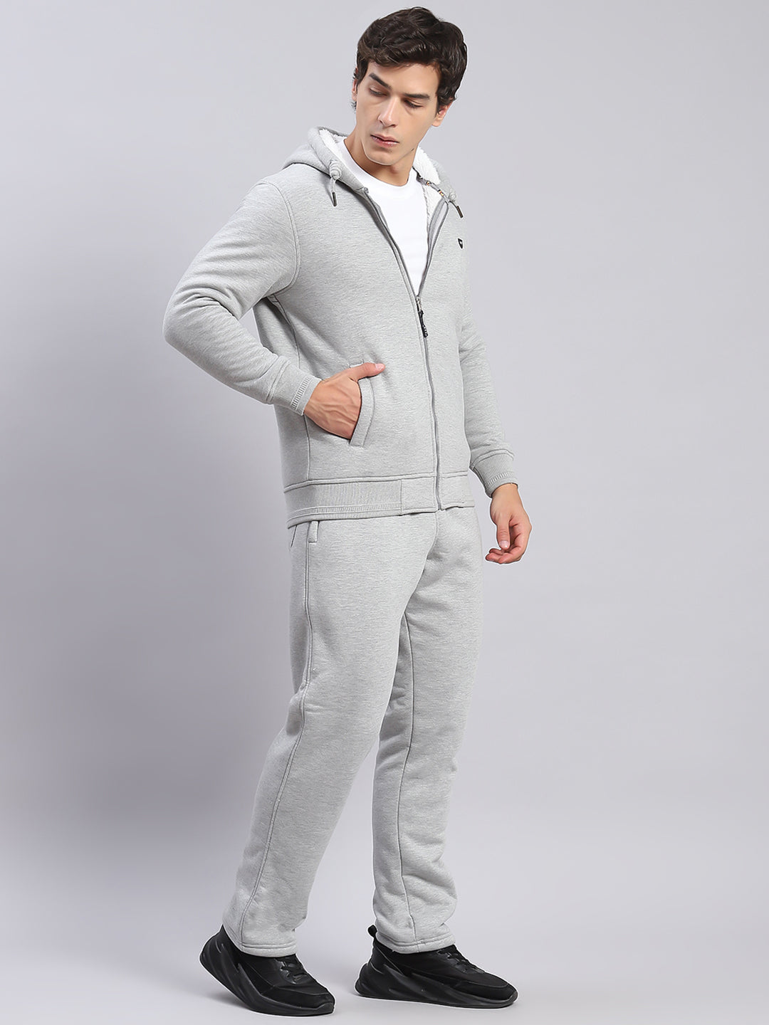Men Grey Solid Hooded Full Sleeve Tracksuits