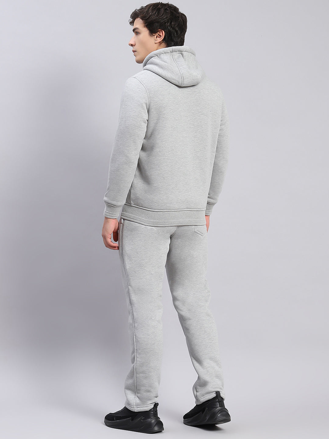 Men Grey Solid Hooded Full Sleeve Tracksuits