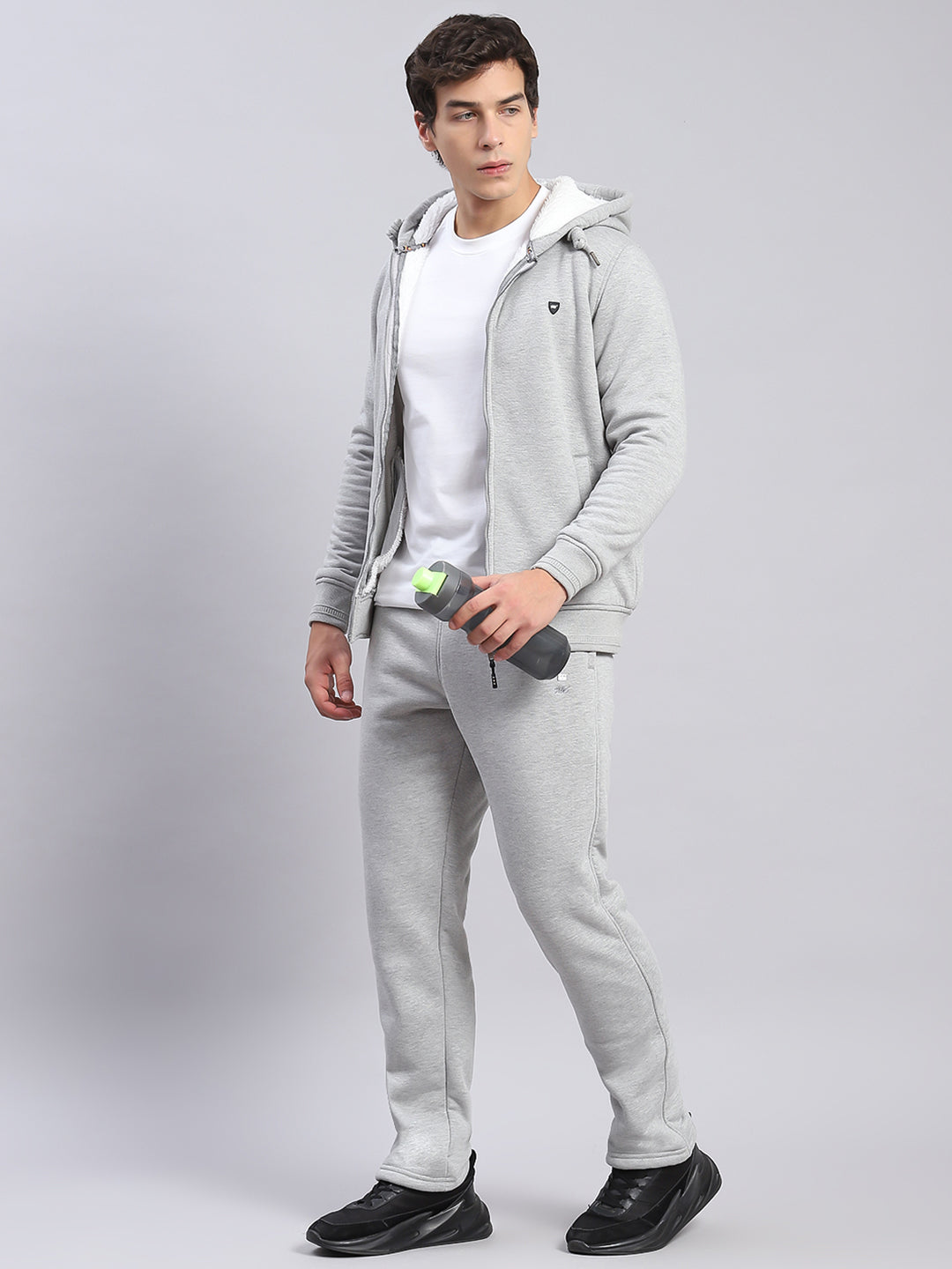 Men Grey Solid Hooded Full Sleeve Tracksuits