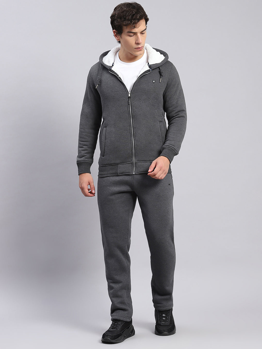 Men Grey Solid Hooded Full Sleeve Tracksuits