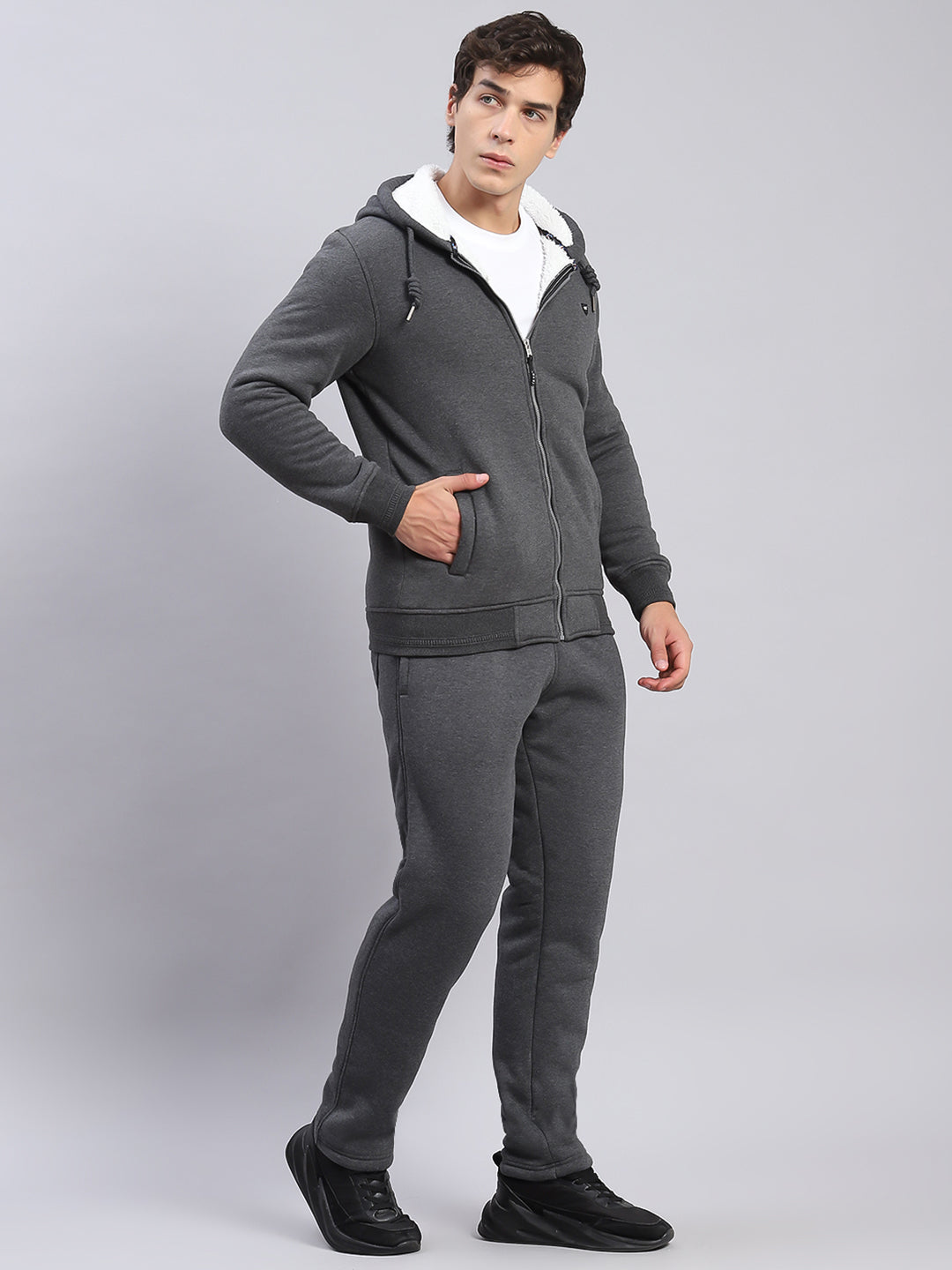 Men Grey Solid Hooded Full Sleeve Tracksuits