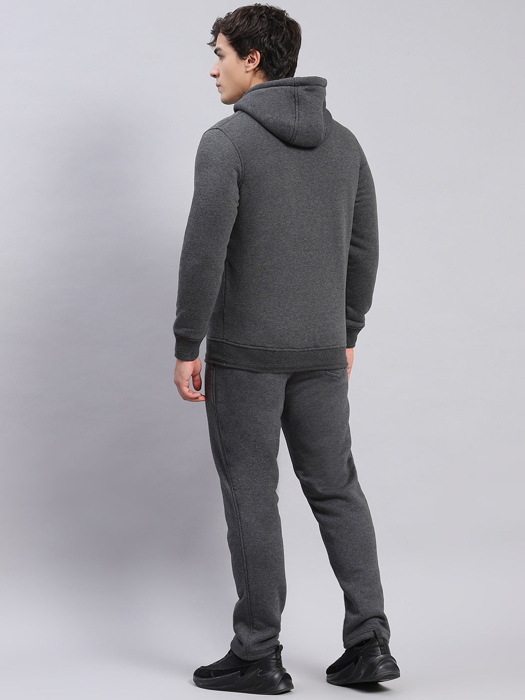 Men Grey Solid Hooded Full Sleeve Tracksuits