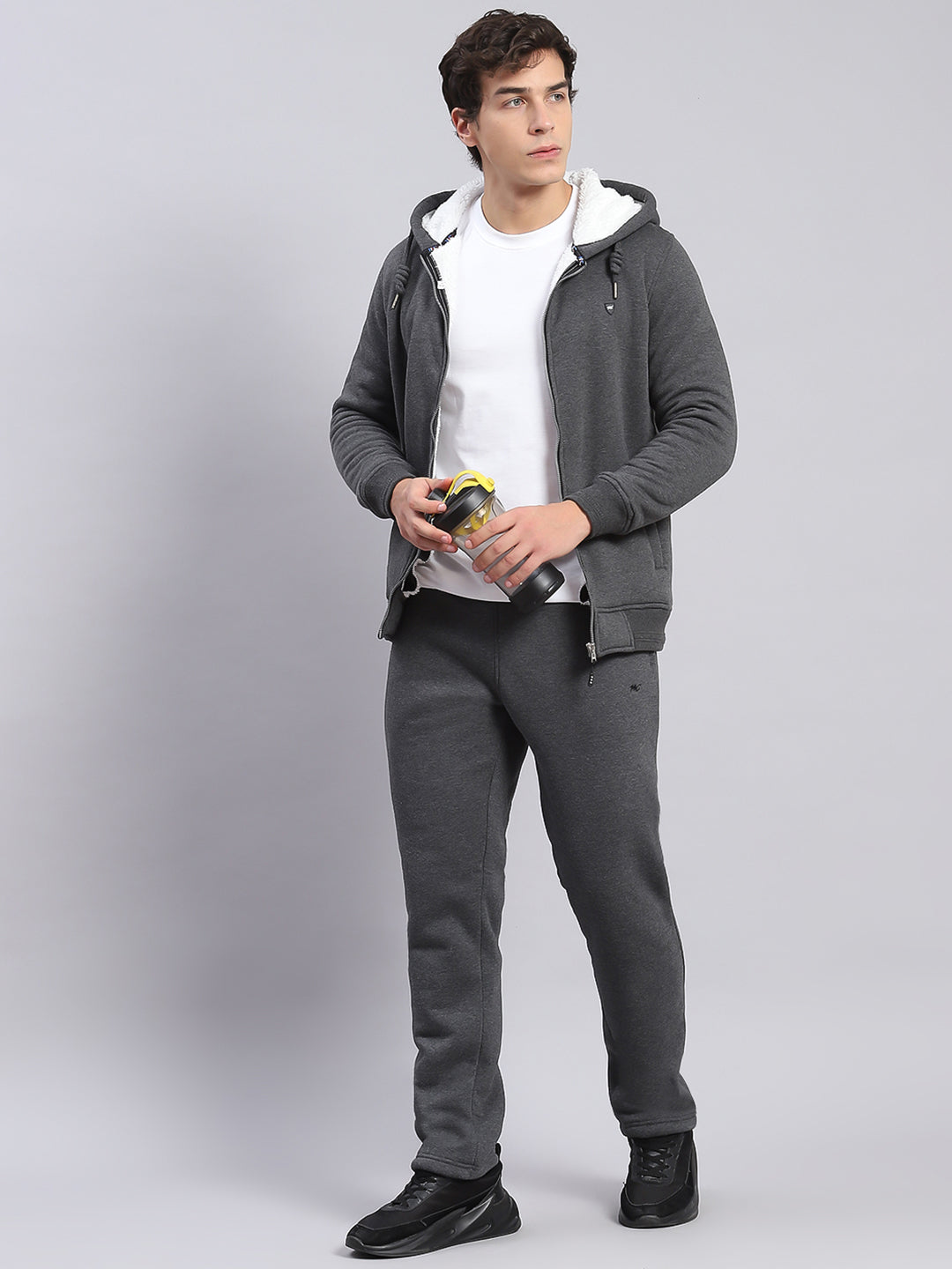 Men Grey Solid Hooded Full Sleeve Tracksuits