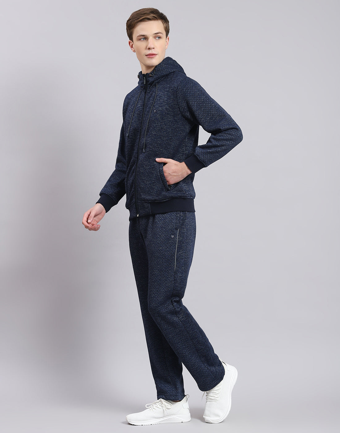 Men Navy Blue Solid Hooded Full Sleeve Tracksuit