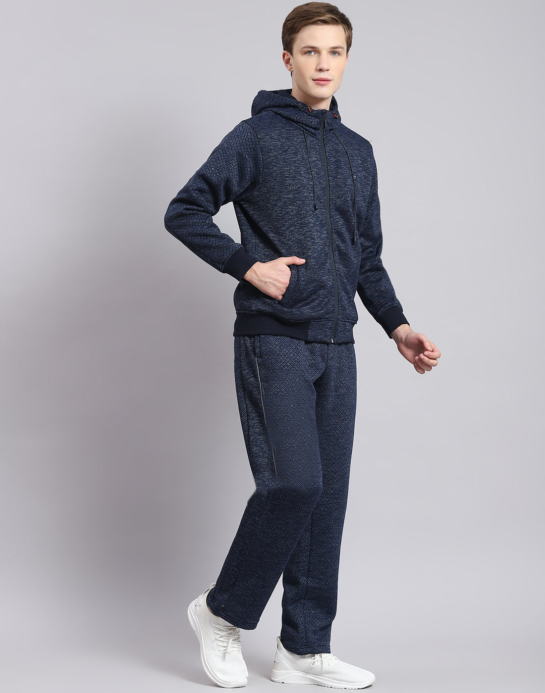 Men Navy Blue Solid Hooded Full Sleeve Tracksuit