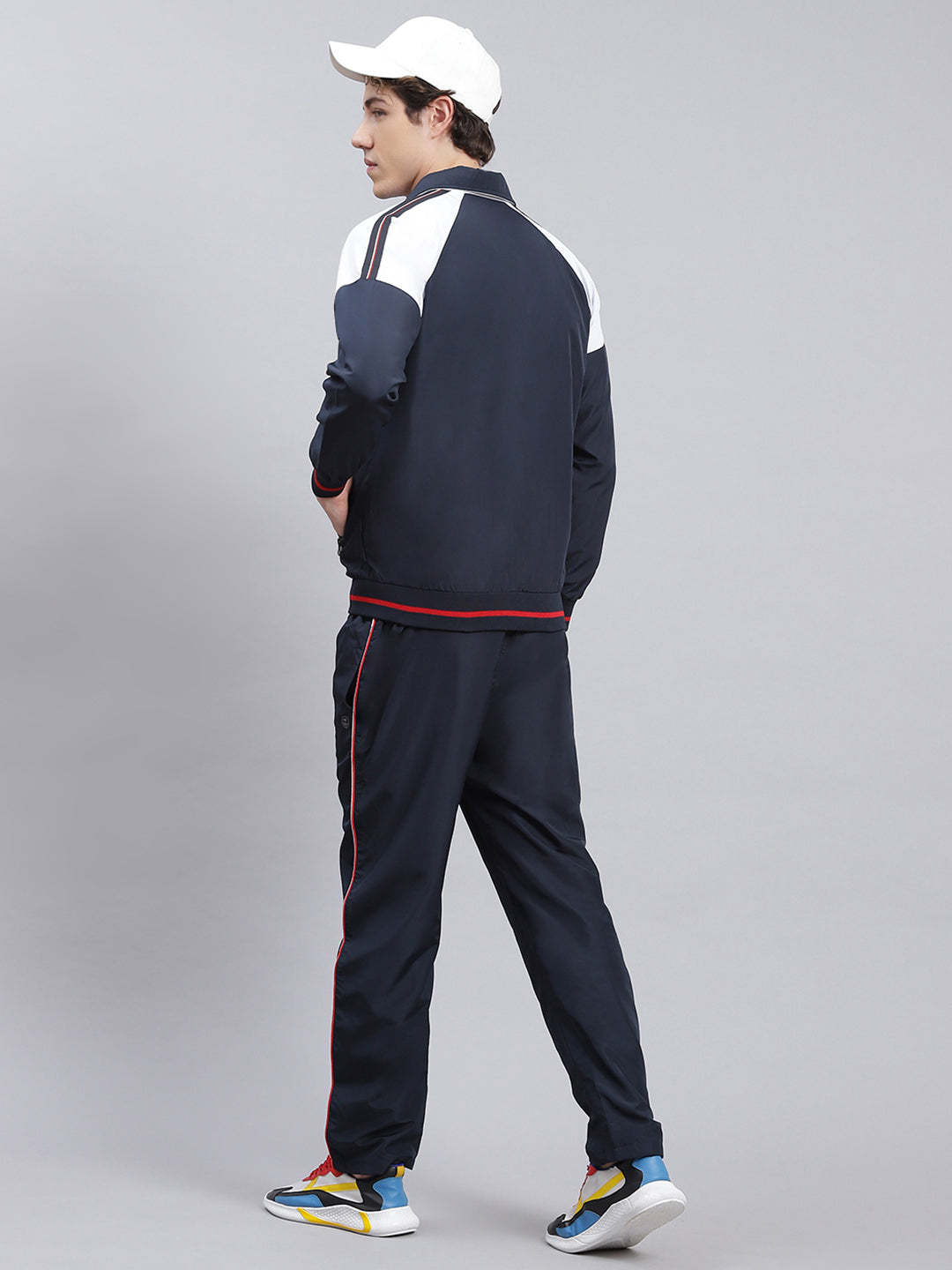 Men Navy Blue Solid Cotton Blend Track Suit