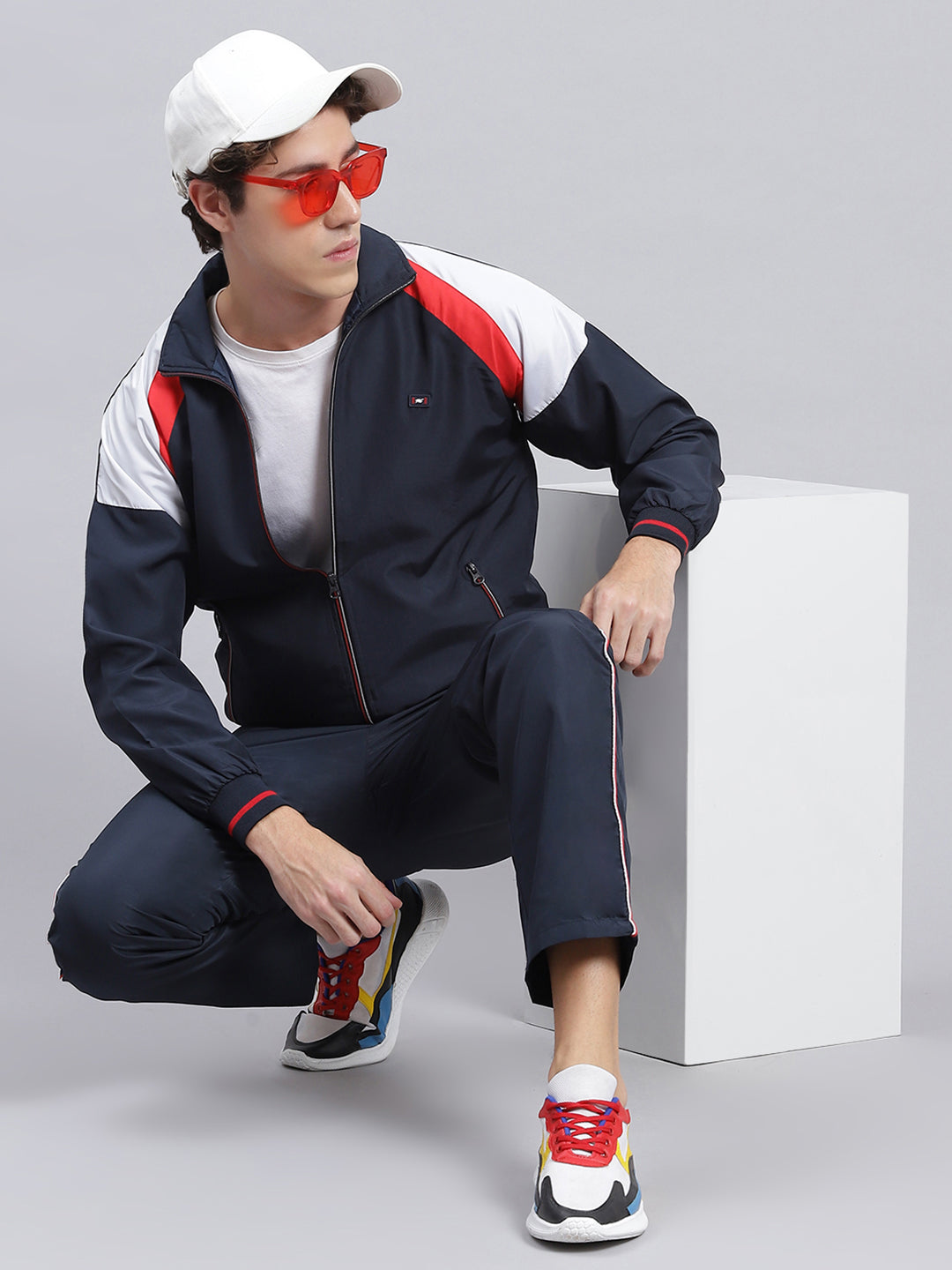 Men Navy Blue Solid Cotton Blend Track Suit - Main Image