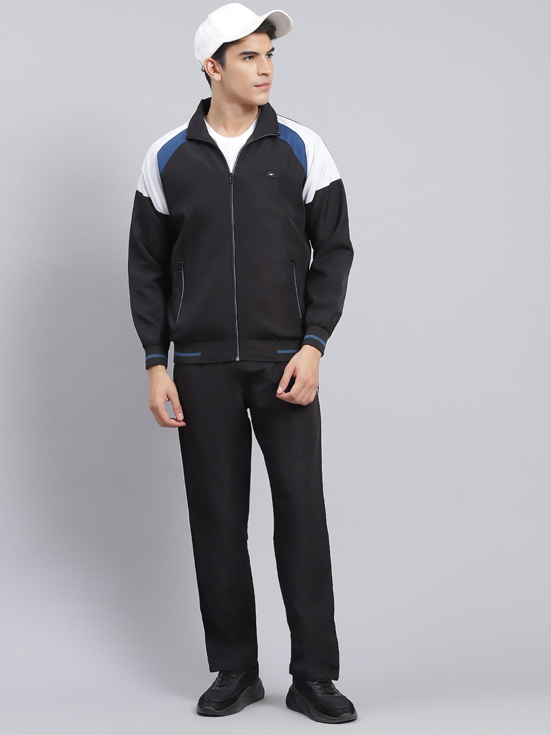 Men Black Solid Cotton Blend Track Suit
