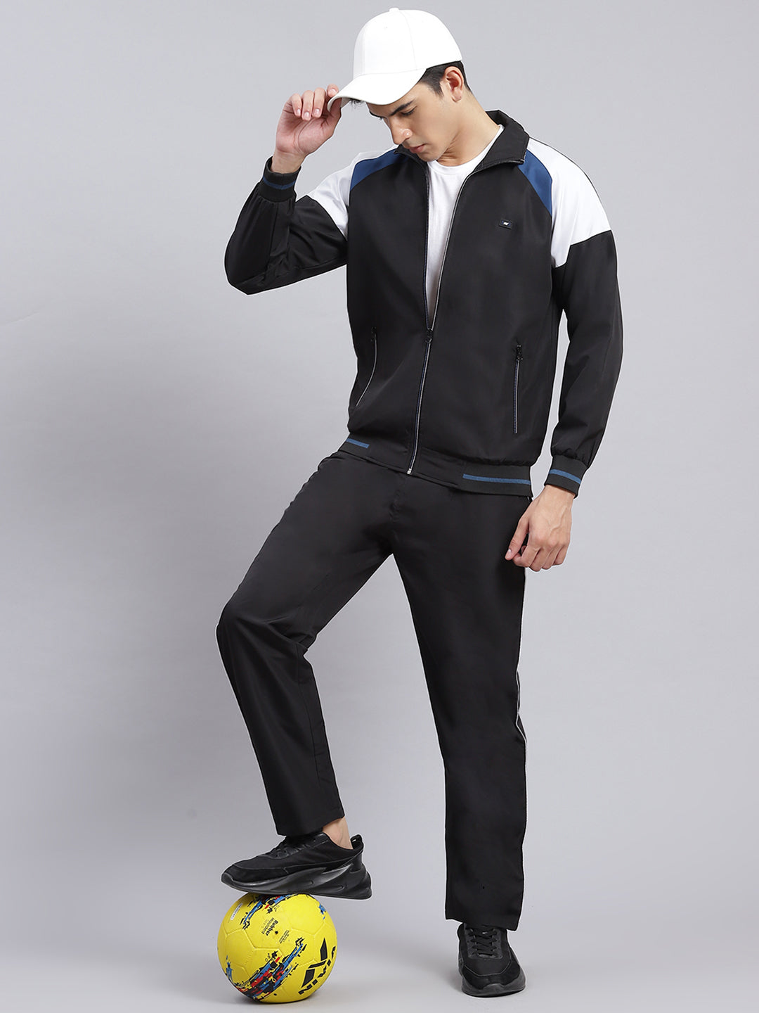 Men Black Solid Cotton Blend Track Suit