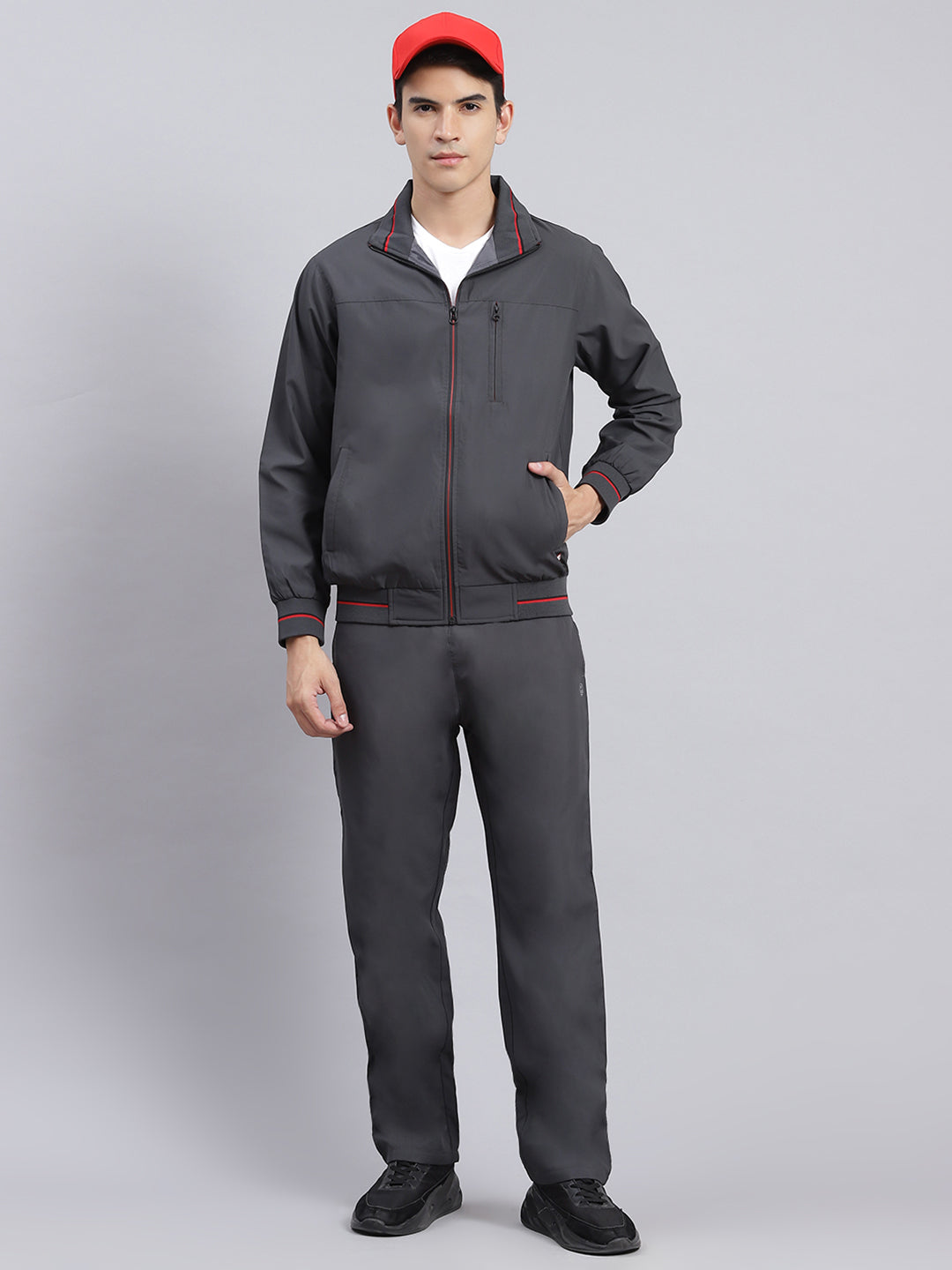 Men Grey Solid Cotton Blend Track Suit