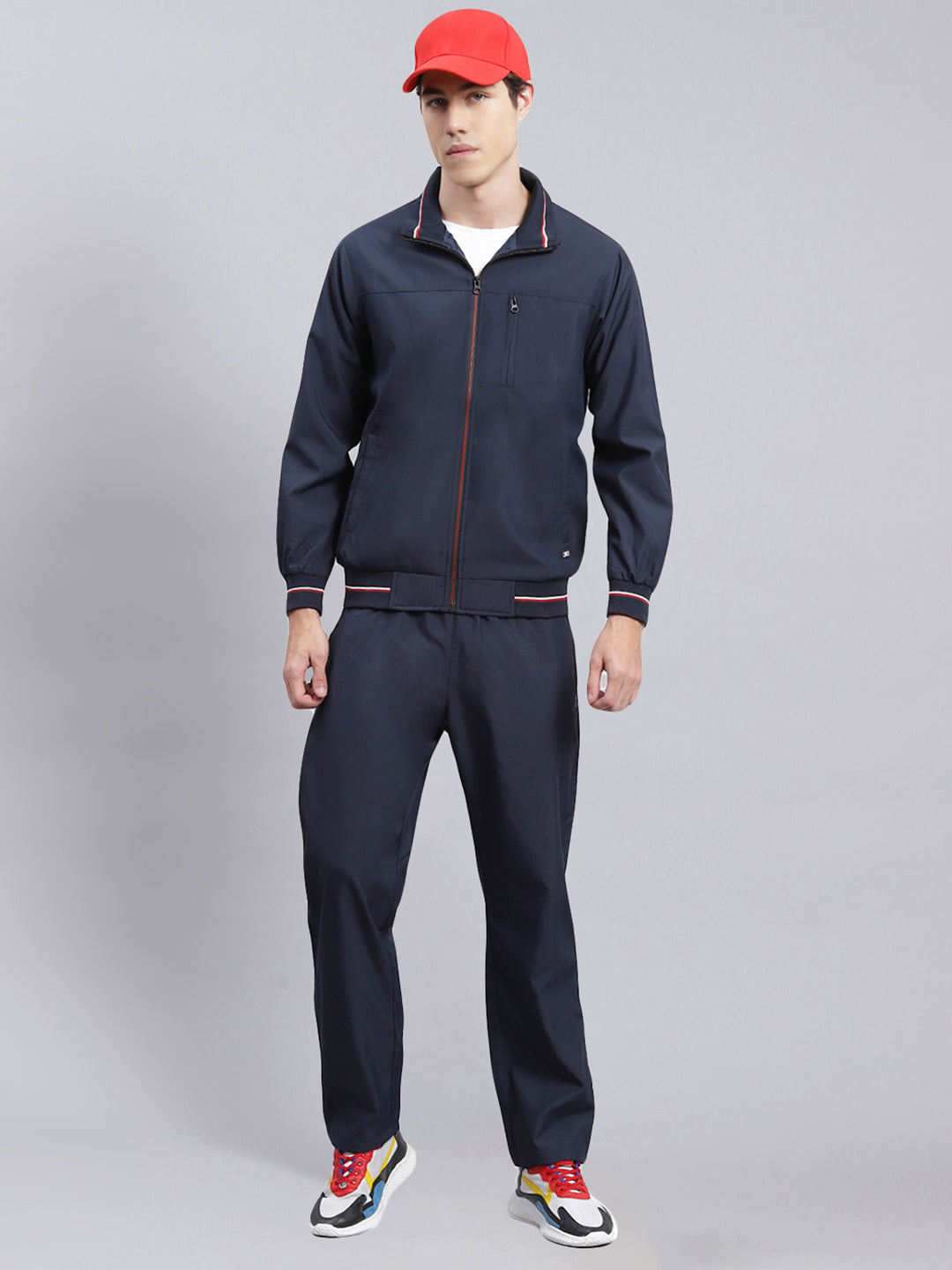 Men Navy Blue Solid Cotton Blend Track Suit