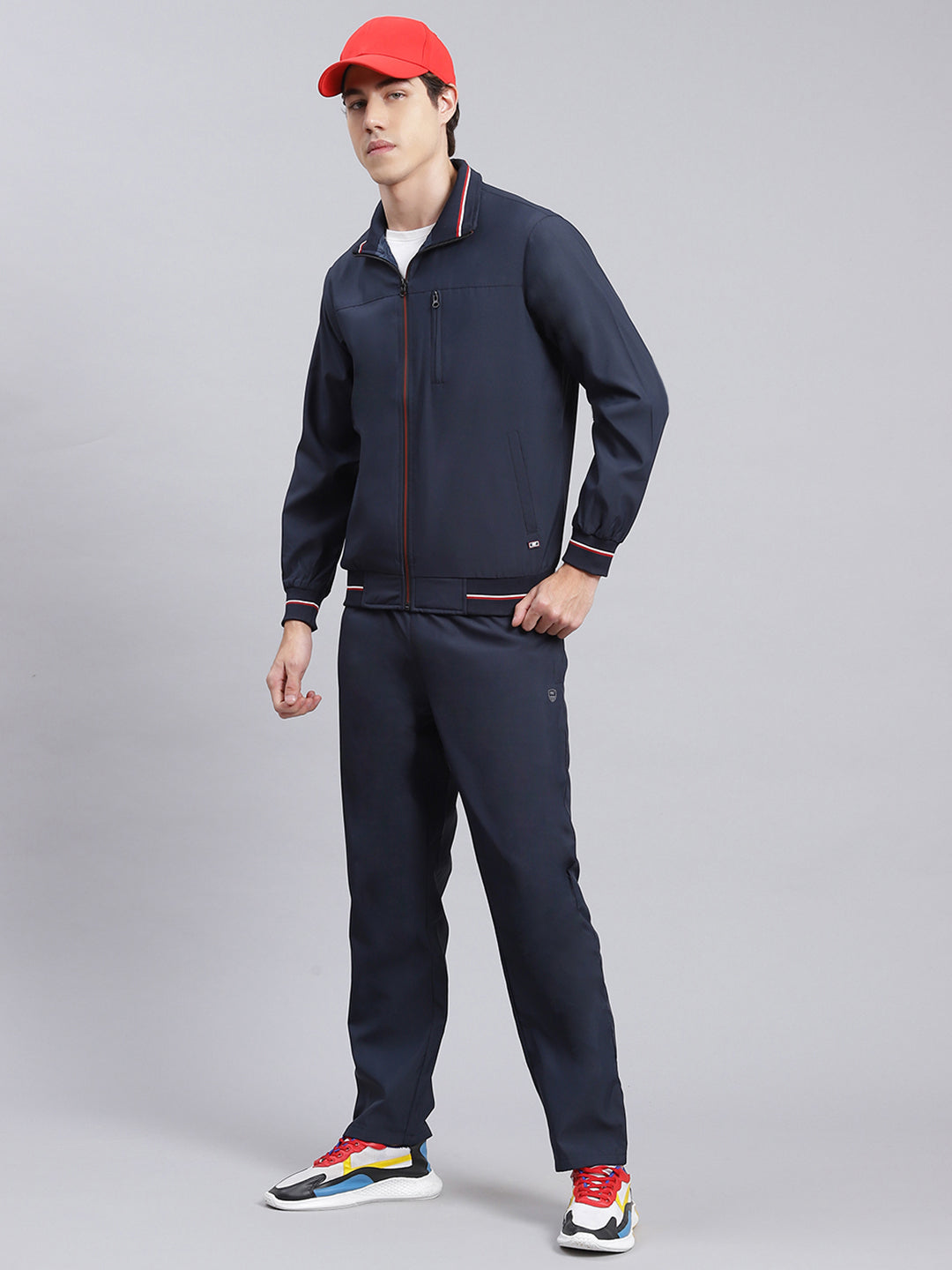 Men Navy Blue Solid Cotton Blend Track Suit