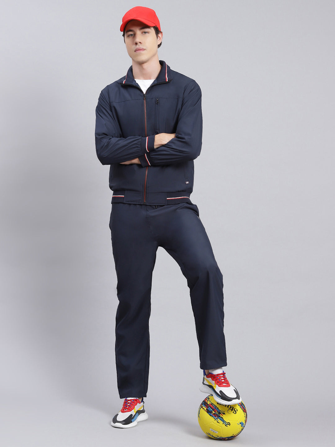 Men Navy Blue Solid Cotton Blend Track Suit