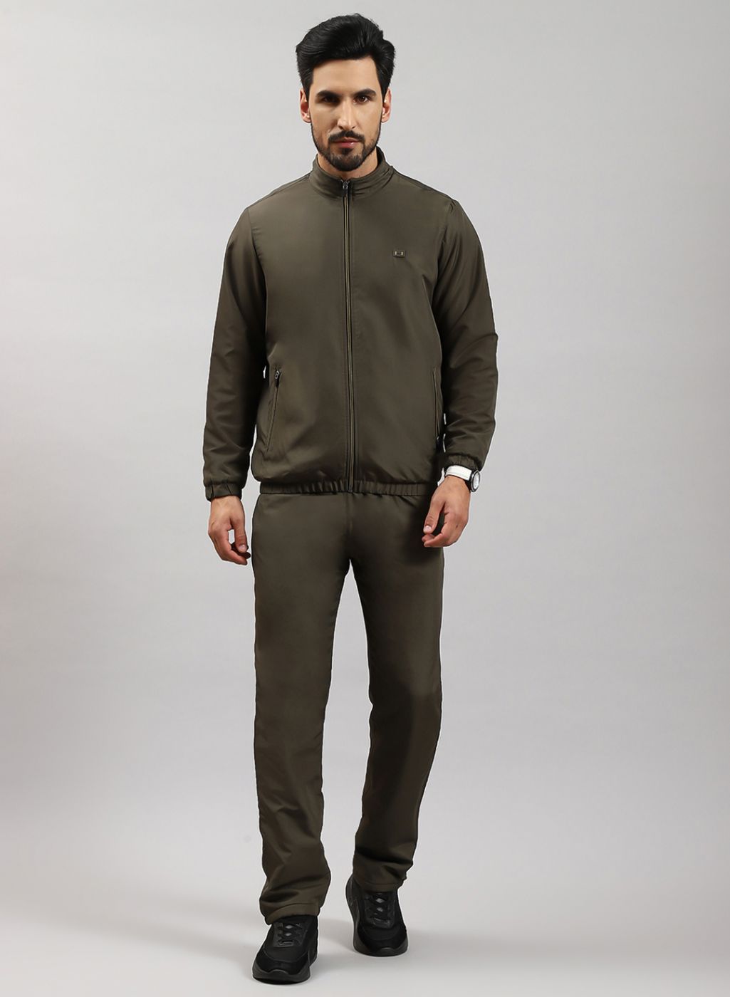 Men Olive Solid Cotton Blend Tracksuit