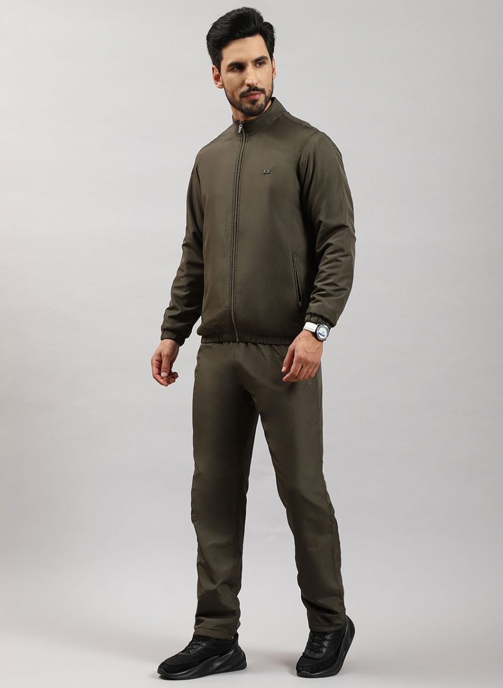 Men Olive Solid Cotton Blend Tracksuit