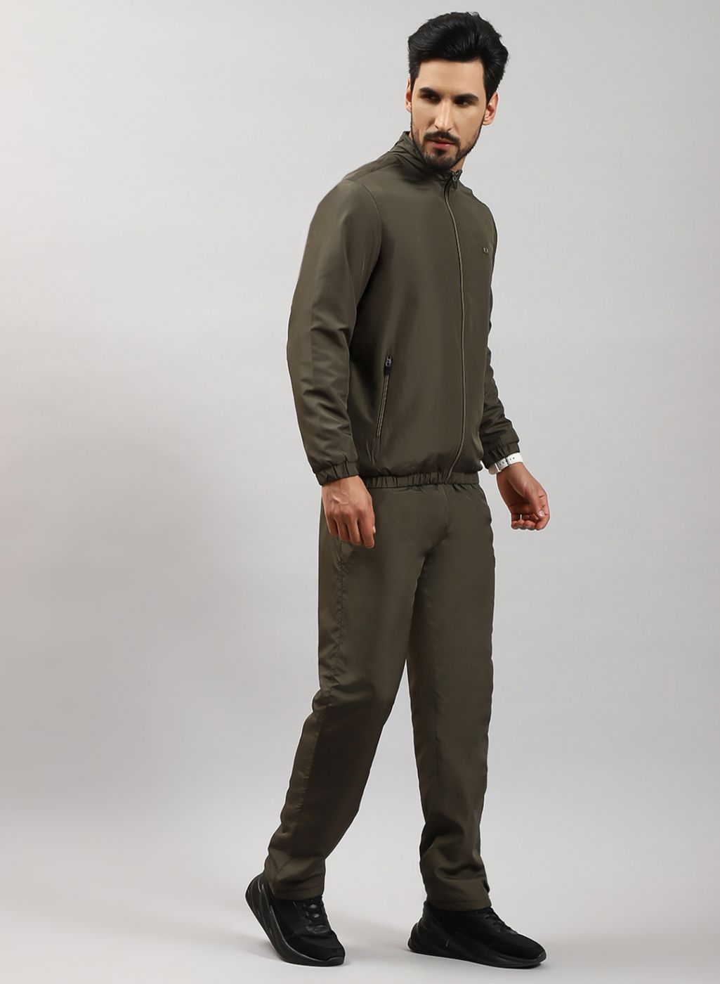 Men Olive Solid Cotton Blend Tracksuit