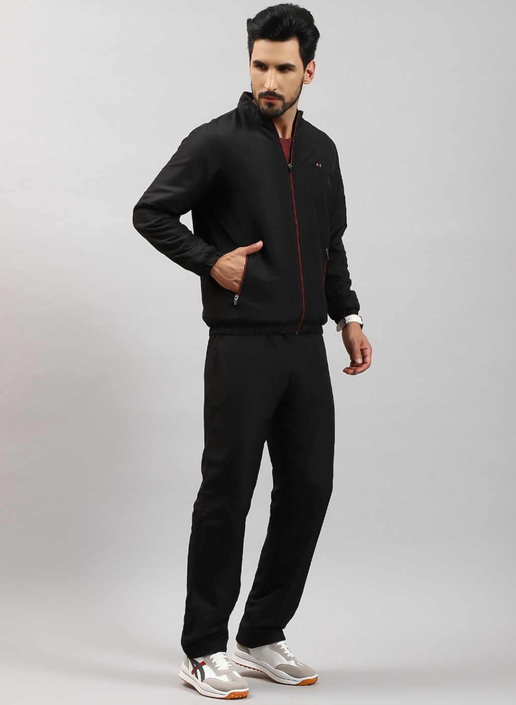Men Black Solid Cotton Blend Tracksuit