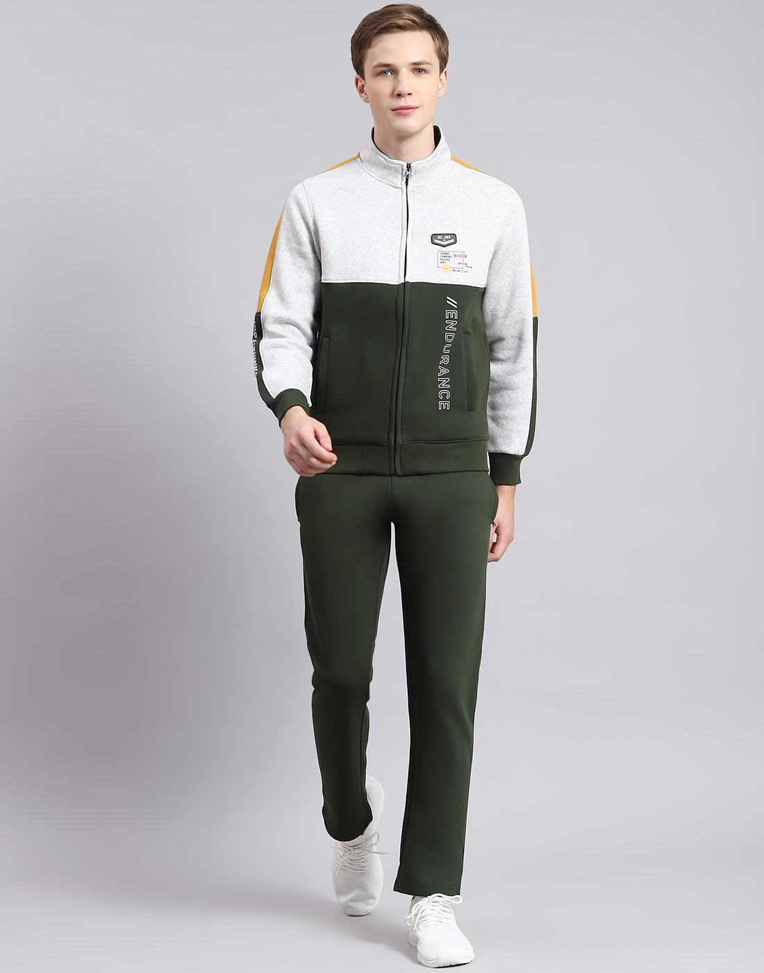 Men Olive Solid Stand Collar Full Sleeve Tracksuit