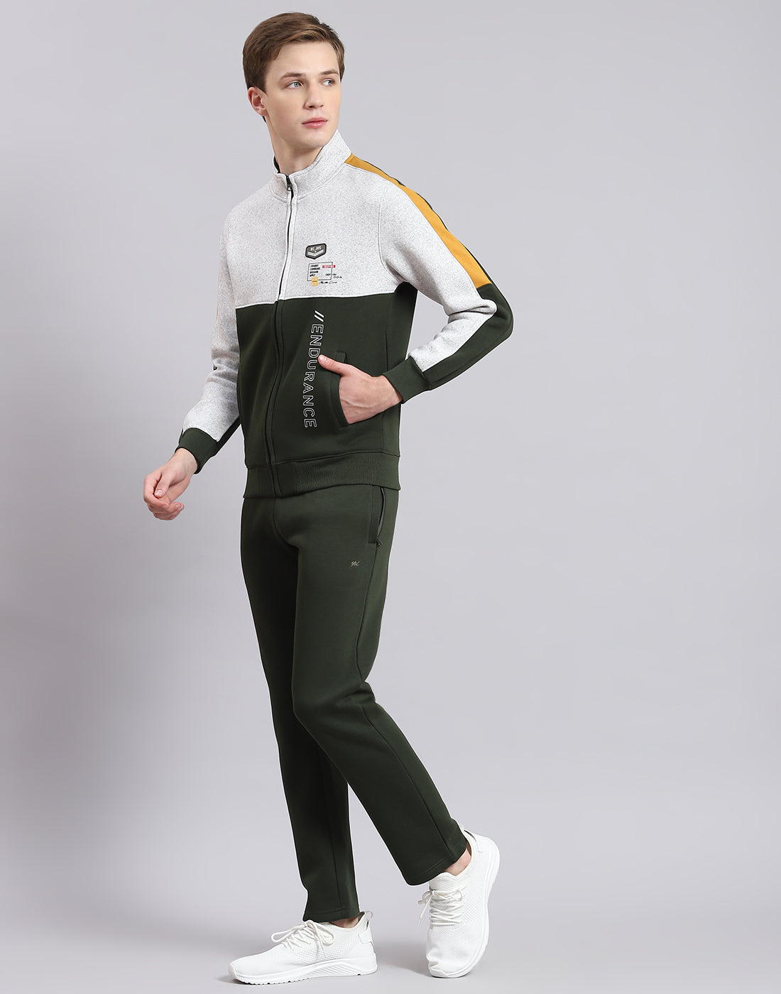 Men Olive Solid Stand Collar Full Sleeve Tracksuit
