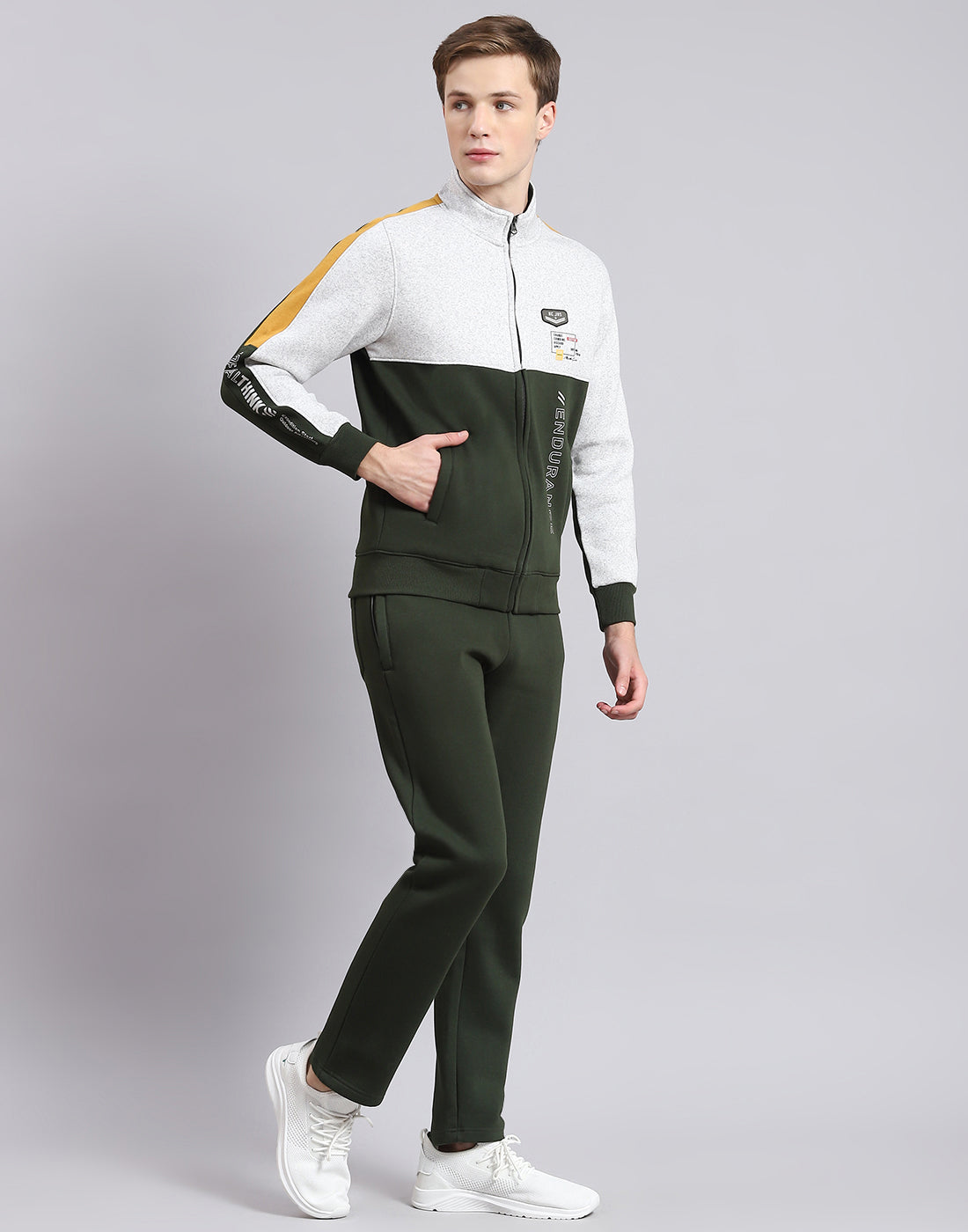 Men Olive Solid Stand Collar Full Sleeve Tracksuit