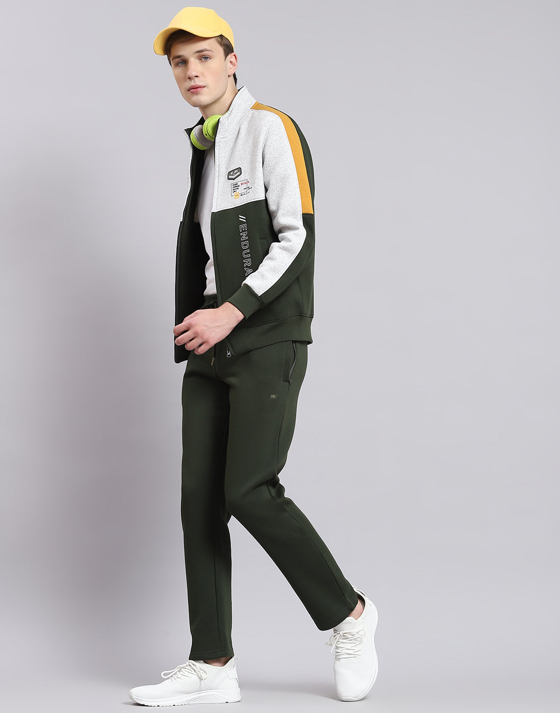 Men Olive Solid Stand Collar Full Sleeve Tracksuit