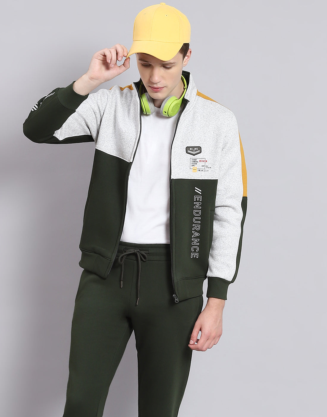 Men Olive Solid Stand Collar Full Sleeve Tracksuit