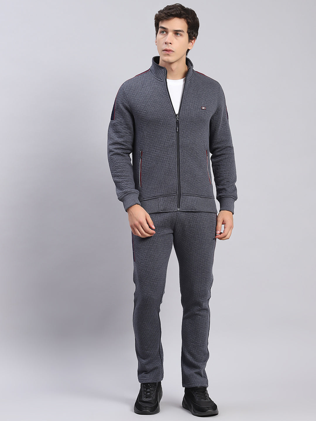 Men Grey Solid Stand Collar Full Sleeve Tracksuits