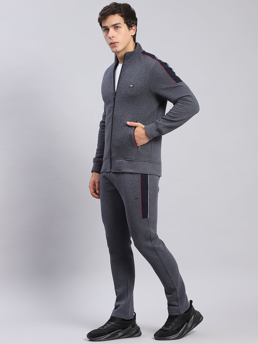 Men Grey Solid Stand Collar Full Sleeve Tracksuits