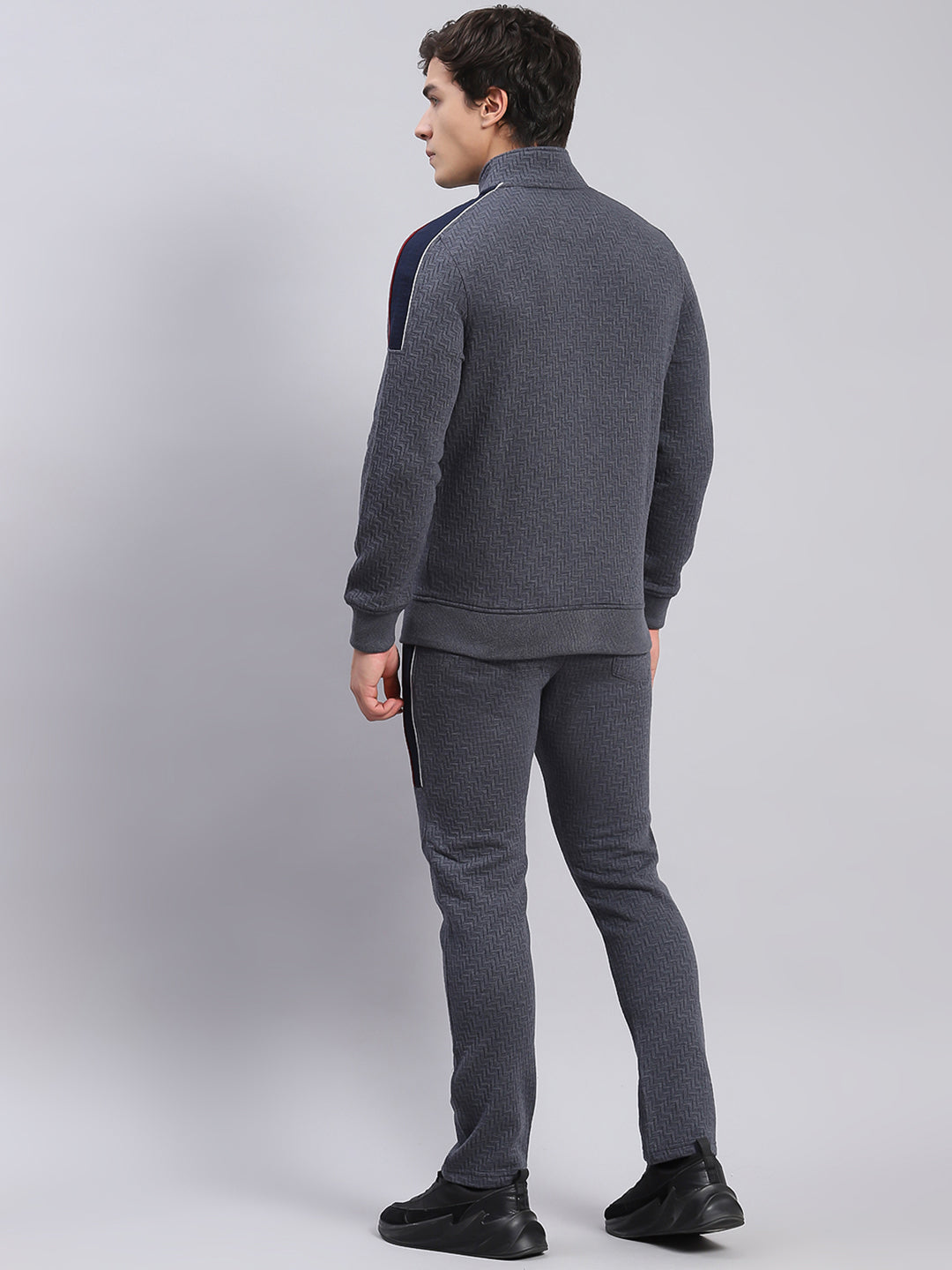 Men Grey Solid Stand Collar Full Sleeve Tracksuits