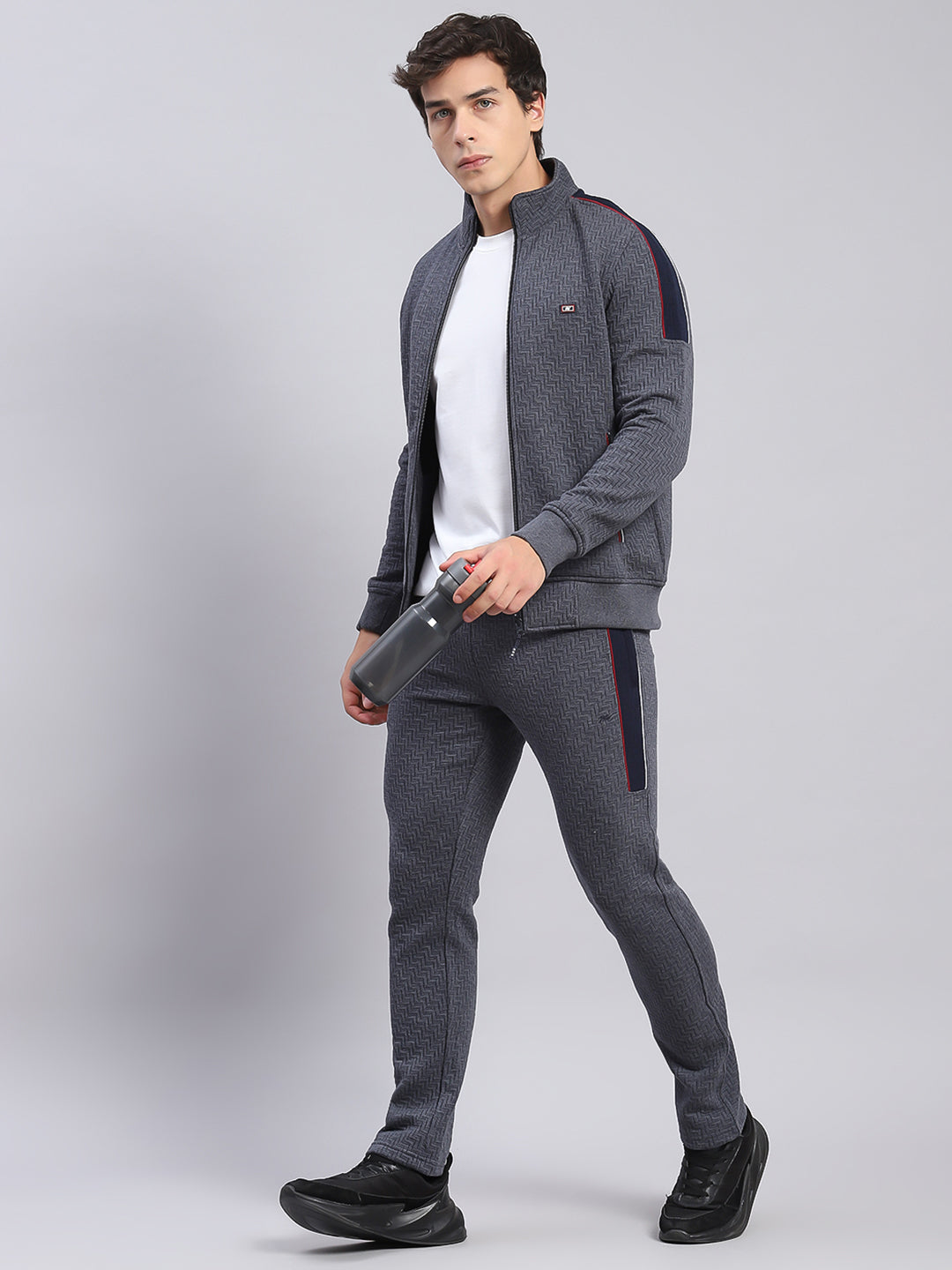 Men Grey Solid Stand Collar Full Sleeve Tracksuits