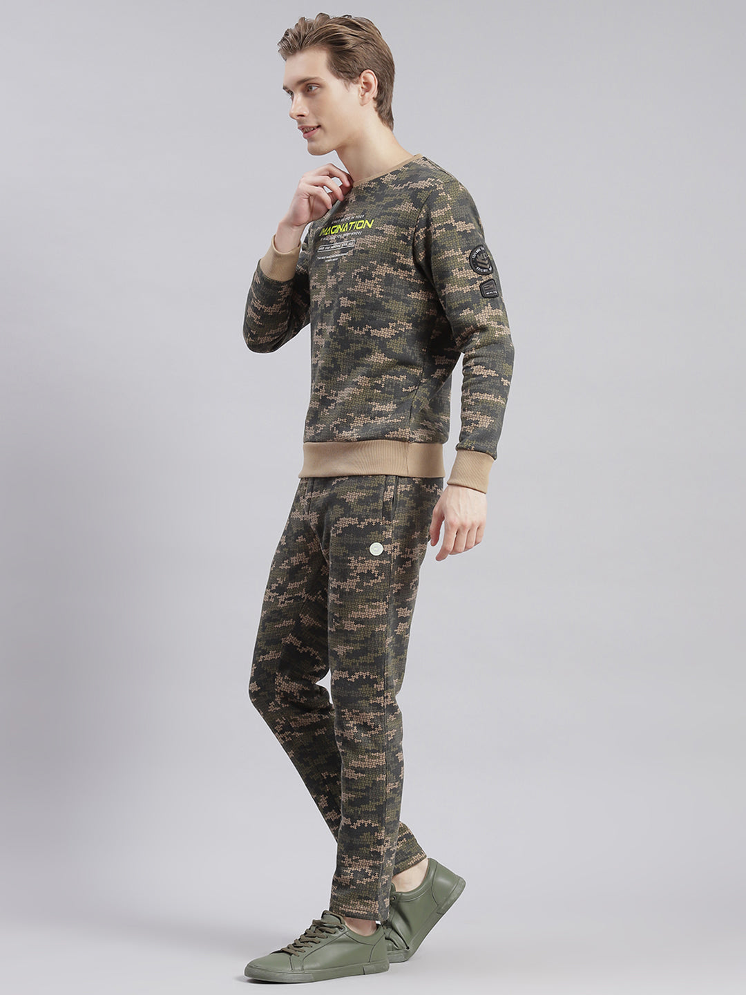 Men Olive Printed Round Neck Full Sleeve Tracksuits