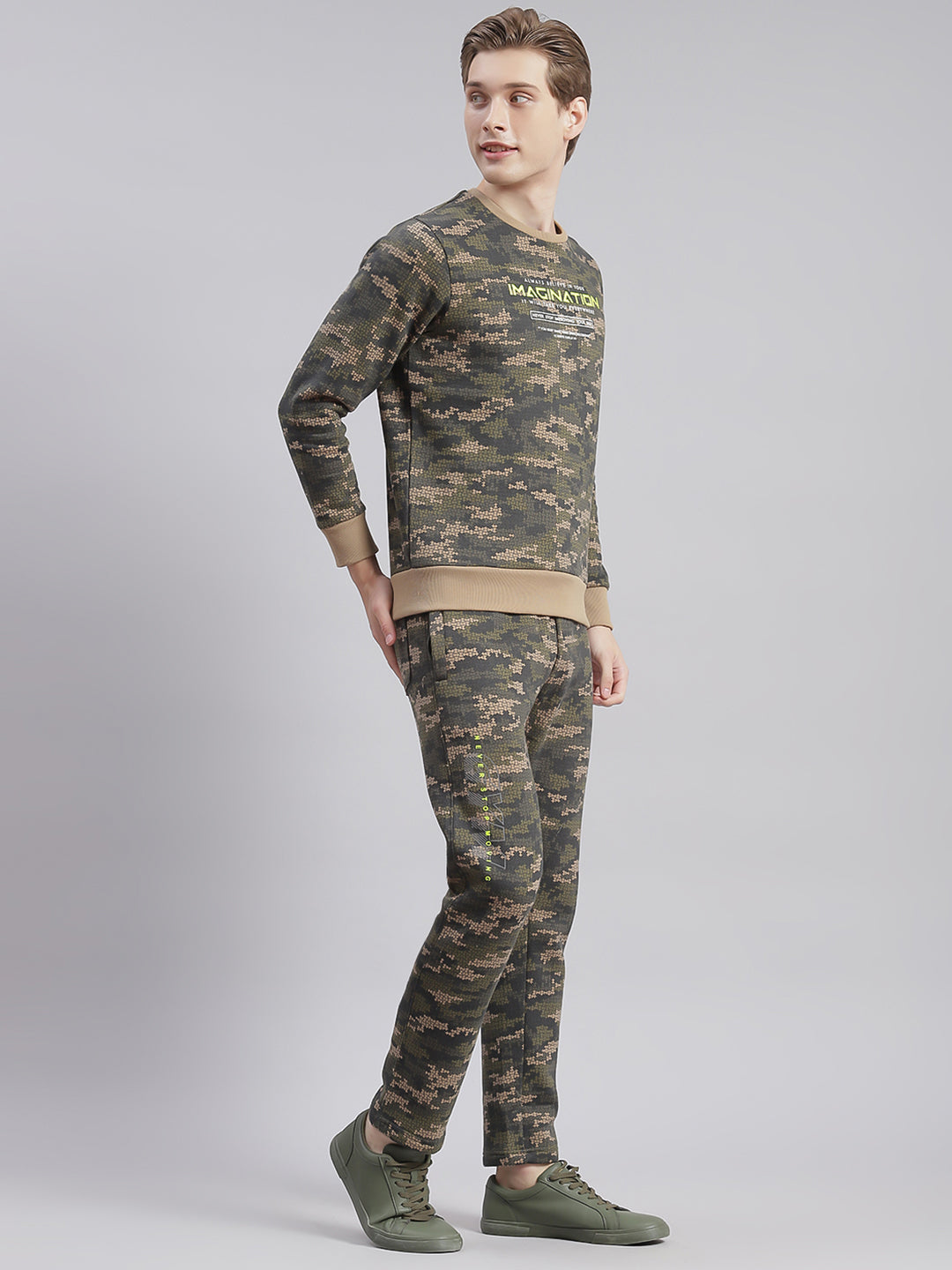 Men Olive Printed Round Neck Full Sleeve Tracksuits
