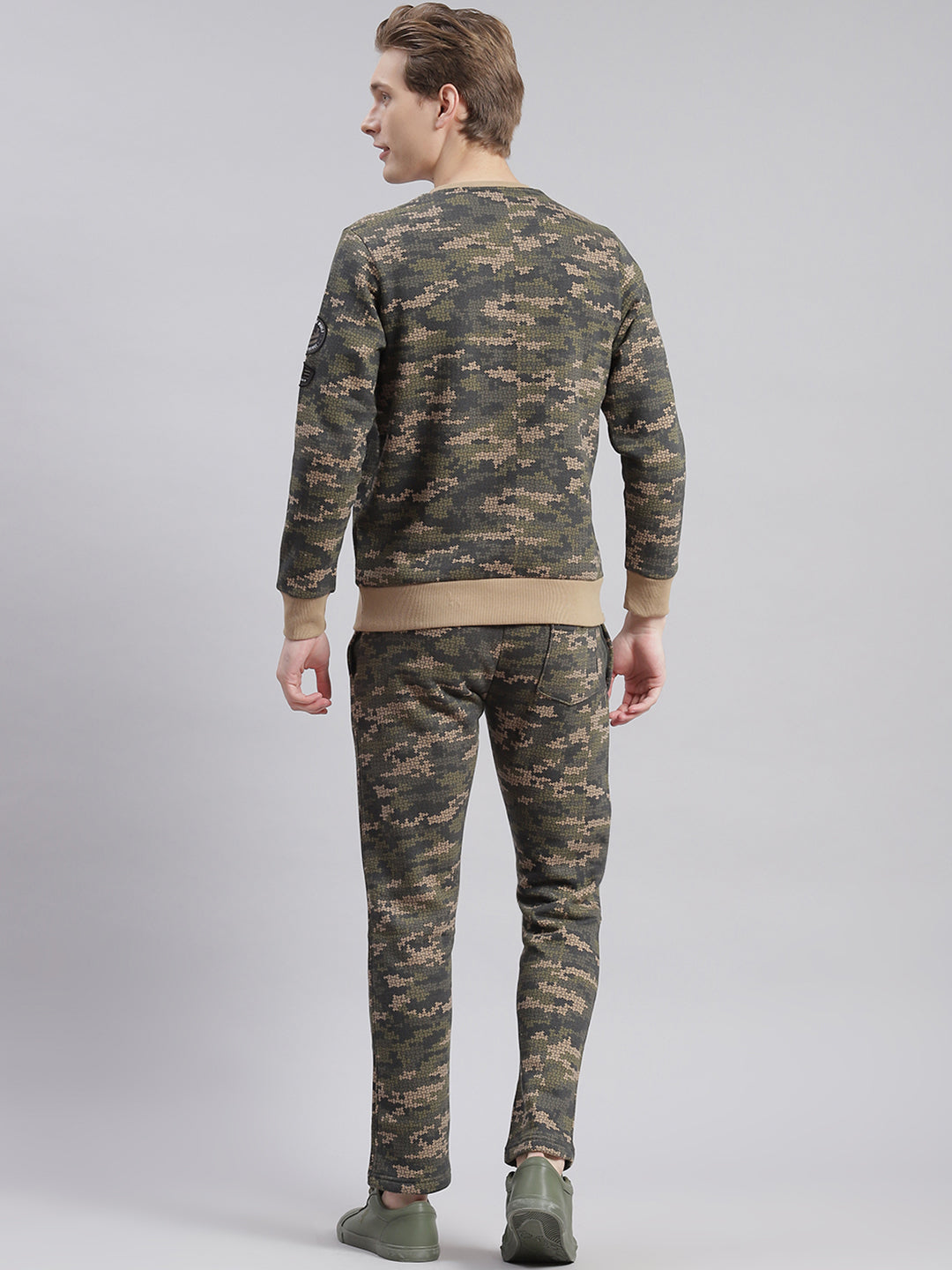 Men Olive Printed Round Neck Full Sleeve Tracksuits