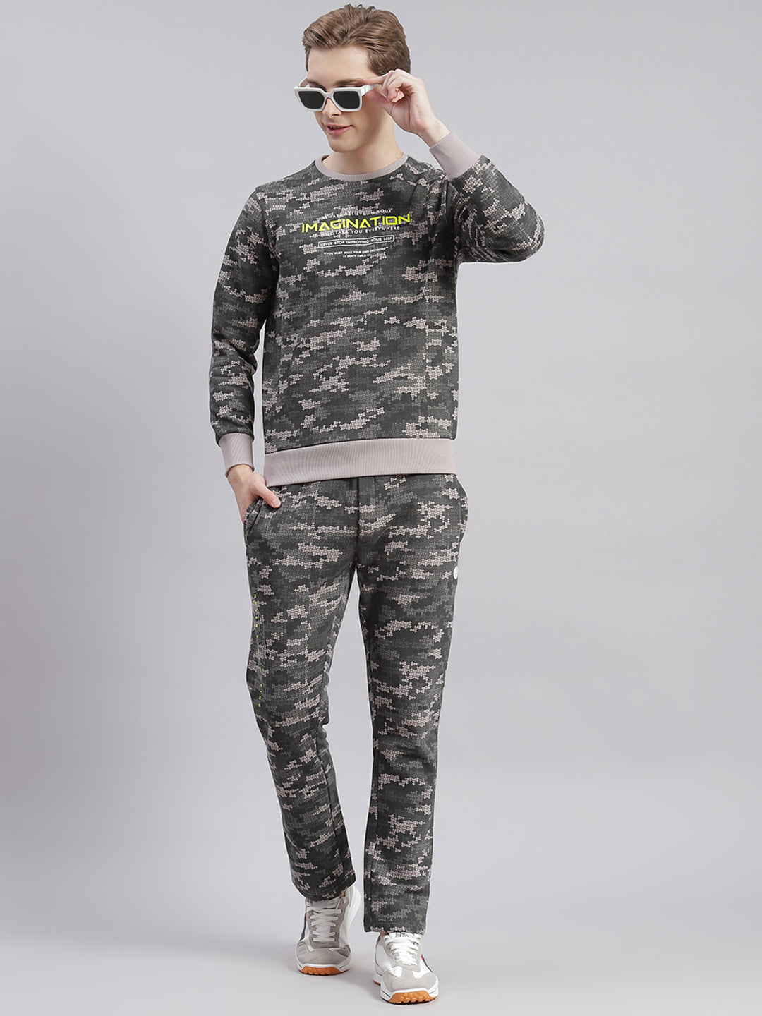 Men Grey Printed Round Neck Full Sleeve Tracksuits