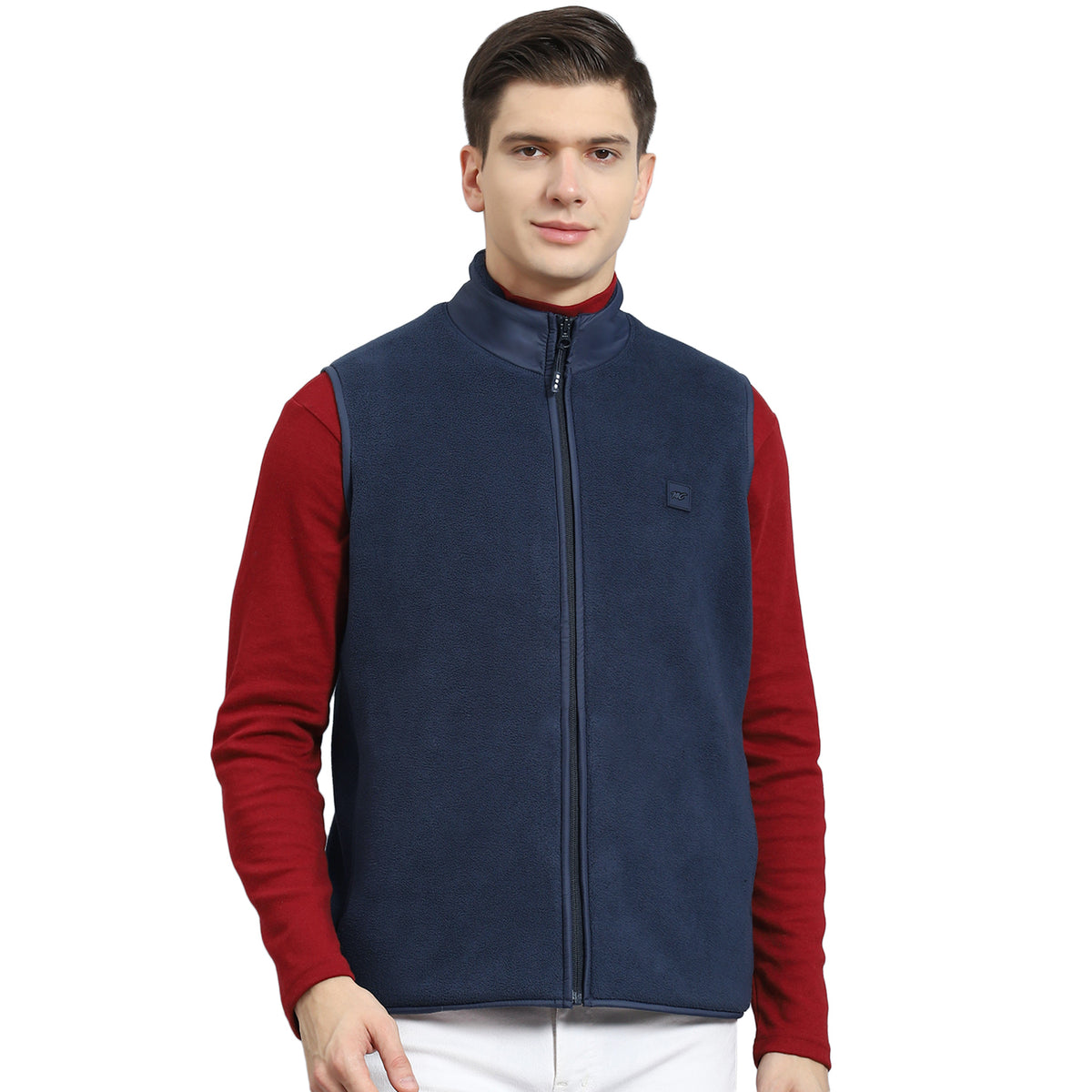 Men Navy Blue Solid Stand Collar Sleeveless Jacket