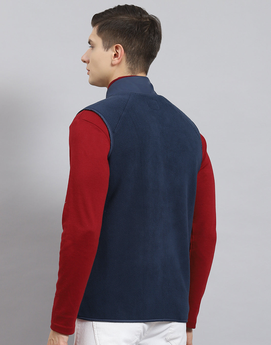 Men Navy Blue Solid Stand Collar Sleeveless Jacket