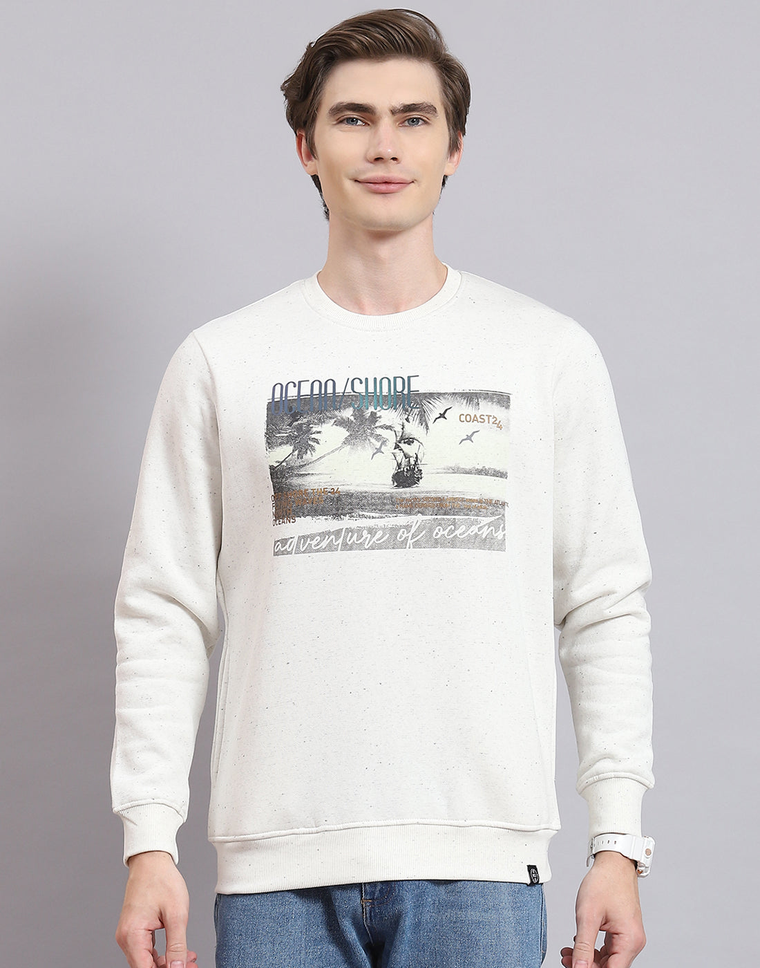 Men Off White Solid Round Neck Full Sleeve Sweatshirt