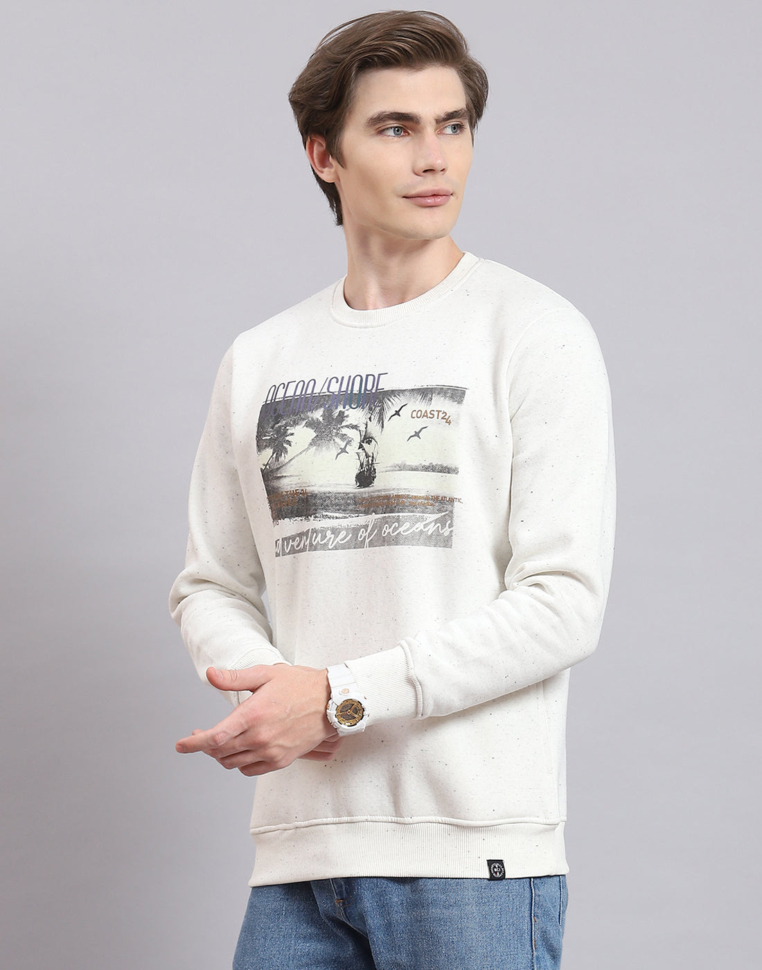 Men Off White Solid Round Neck Full Sleeve Sweatshirt