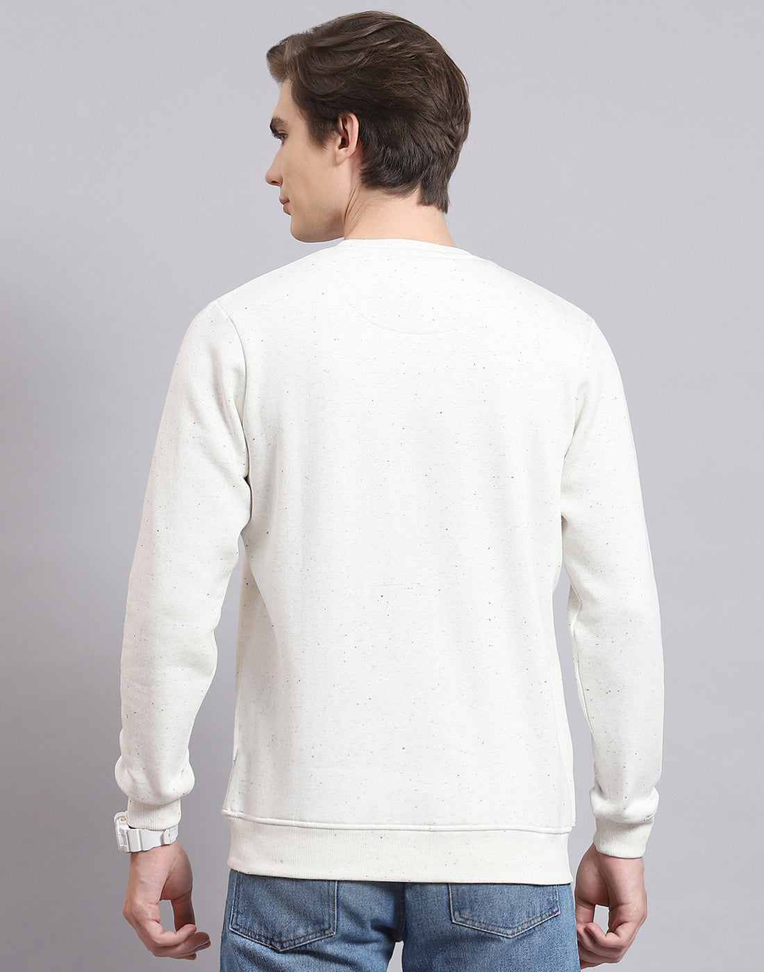 Men Off White Solid Round Neck Full Sleeve Sweatshirt