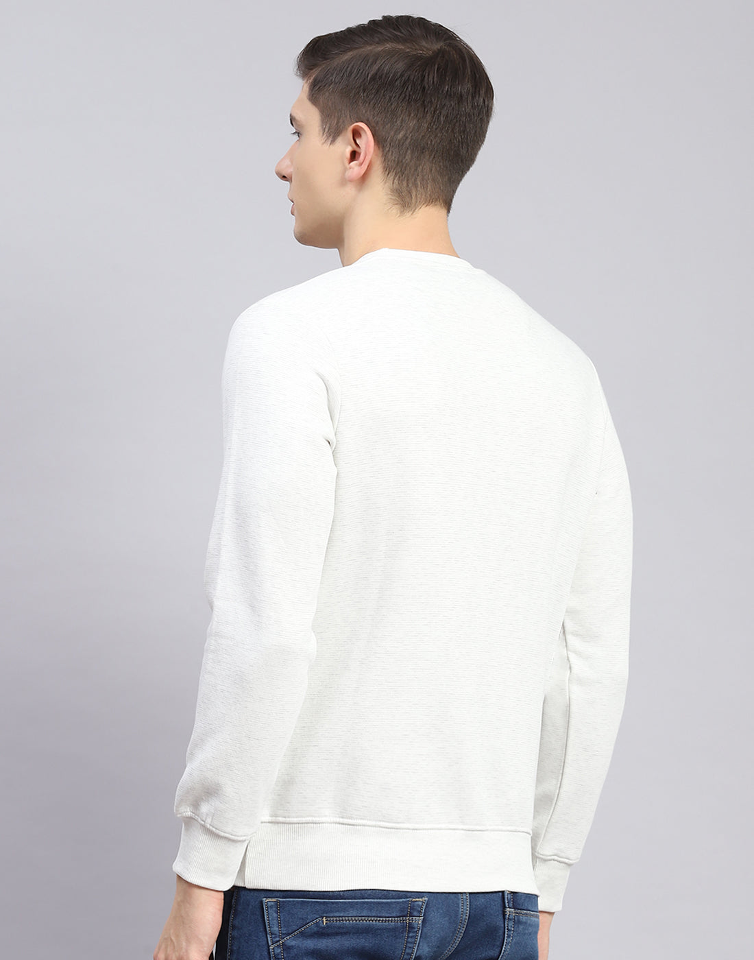 Men Off White Solid Round Neck Full Sleeve Sweatshirt