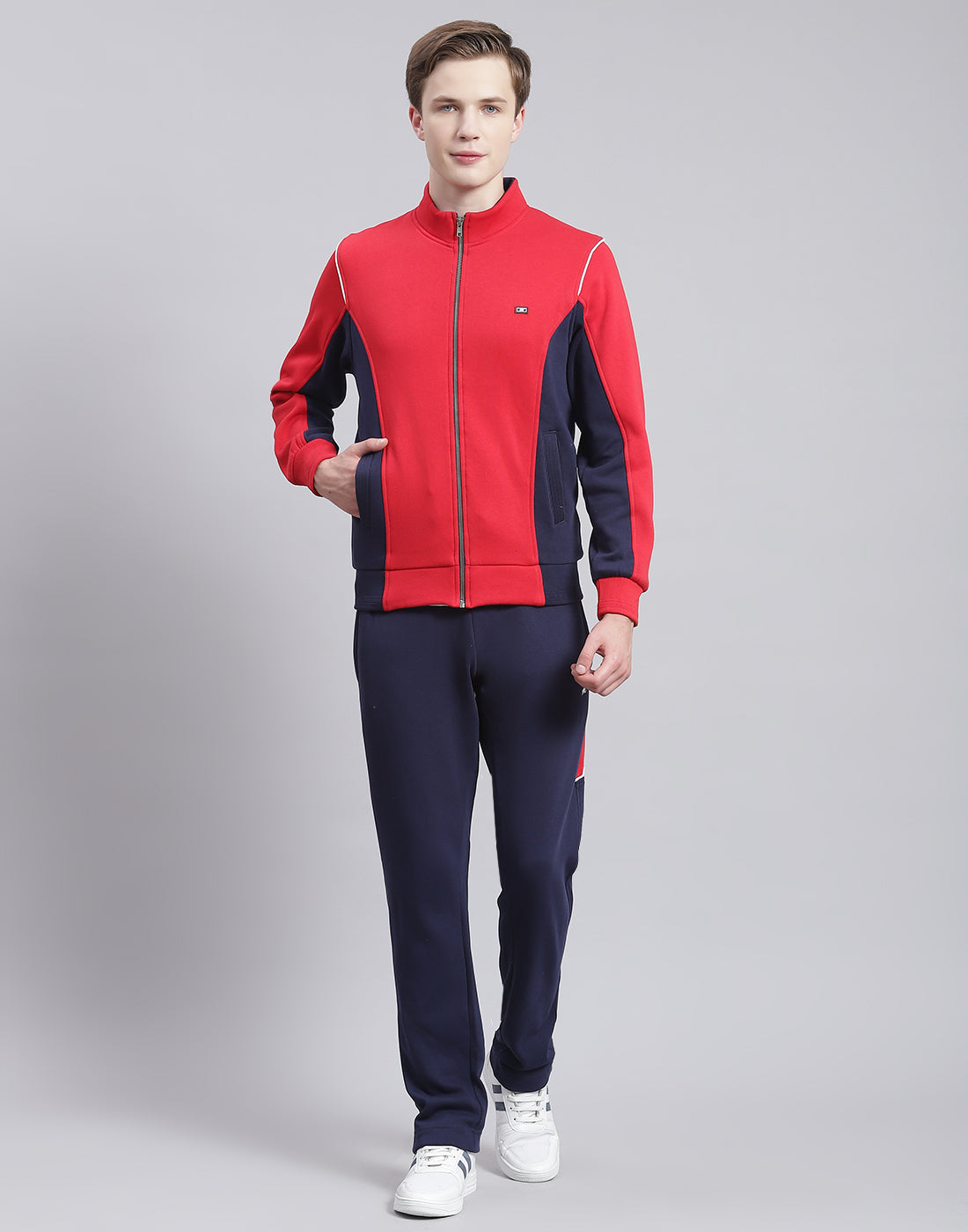Men Red Solid Stand Collar Full Sleeve Tracksuit