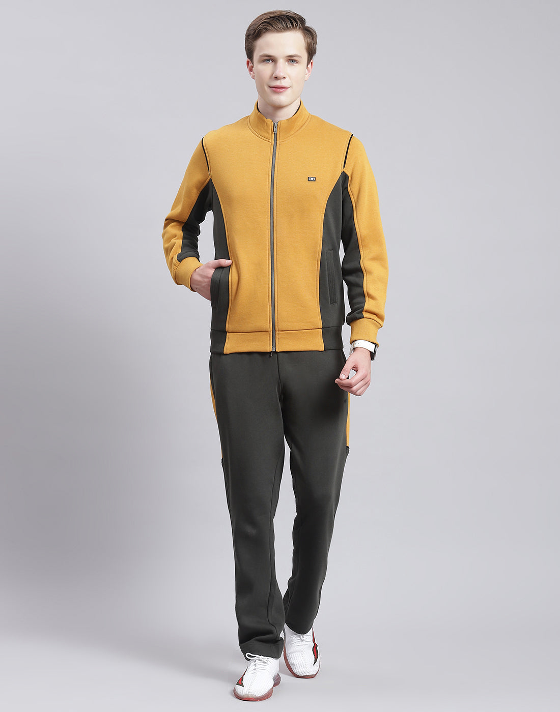 Men Mustard Solid Stand Collar Full Sleeve Tracksuit
