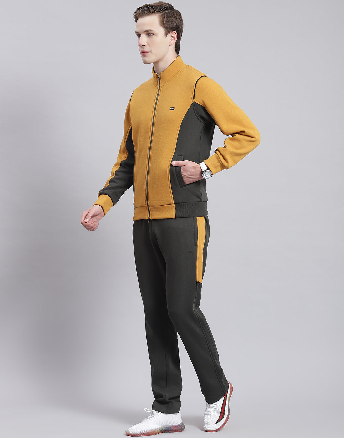 Men Mustard Solid Stand Collar Full Sleeve Tracksuit