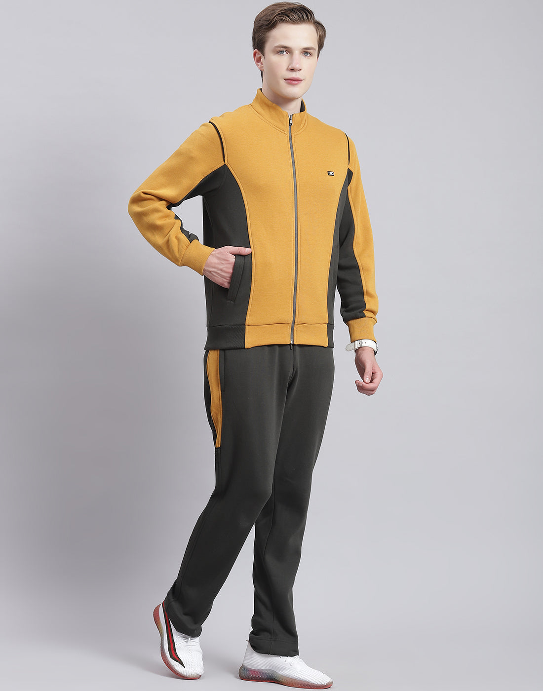 Men Mustard Solid Stand Collar Full Sleeve Tracksuit
