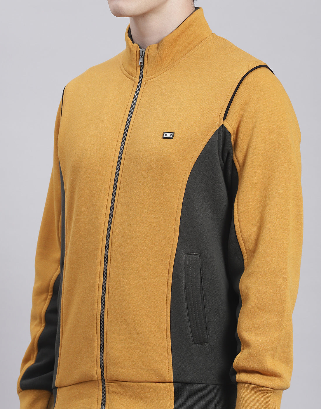Men Mustard Solid Stand Collar Full Sleeve Tracksuit